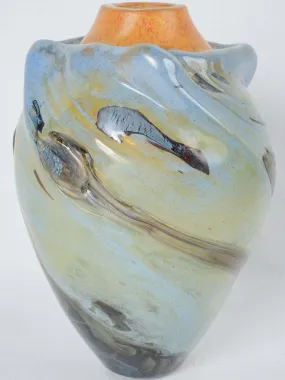 Incredible light blue & orange blown glass vase - Jean-Claude Novaro 1985 - 12½"