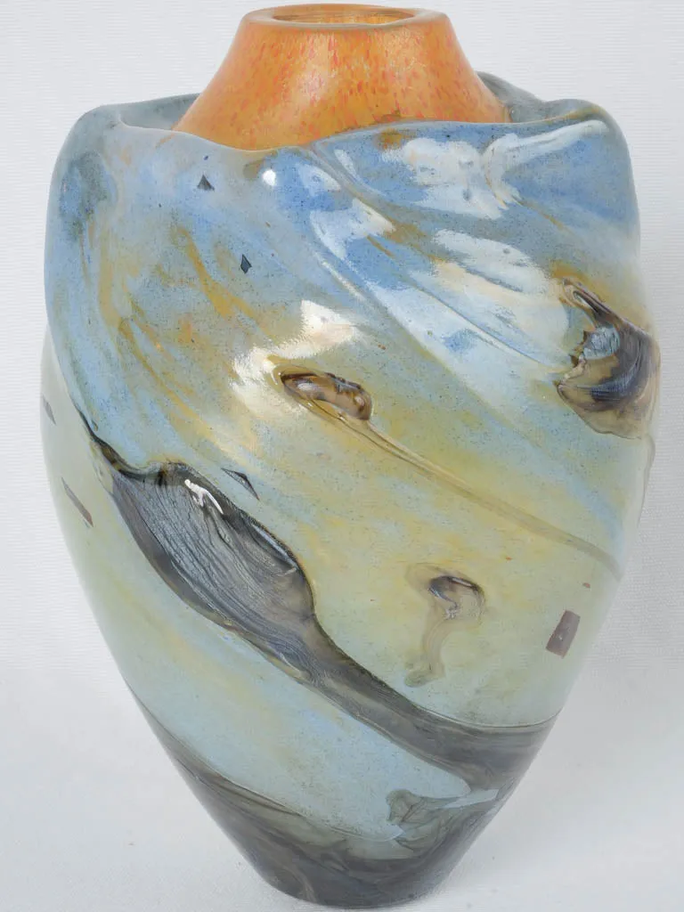 Incredible light blue & orange blown glass vase - Jean-Claude Novaro 1985 - 12½"