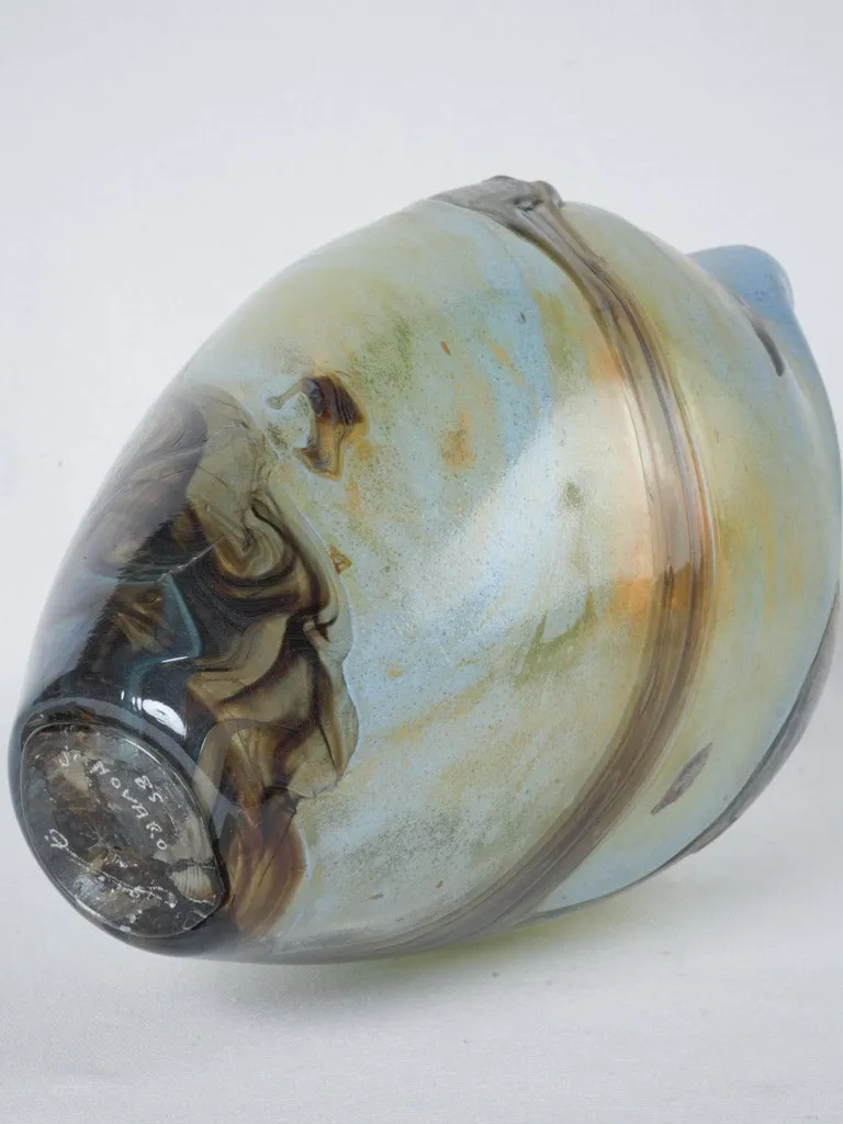 Incredible light blue & orange blown glass vase - Jean-Claude Novaro 1985 - 12½"