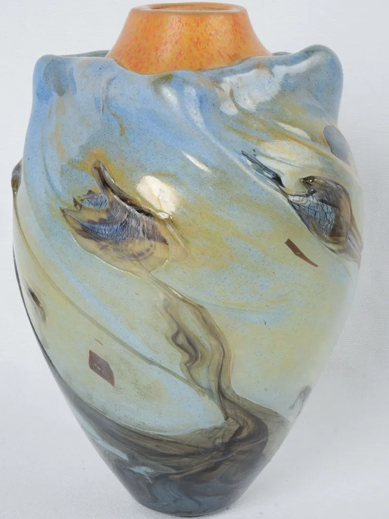 Incredible light blue & orange blown glass vase - Jean-Claude Novaro 1985 - 12½"