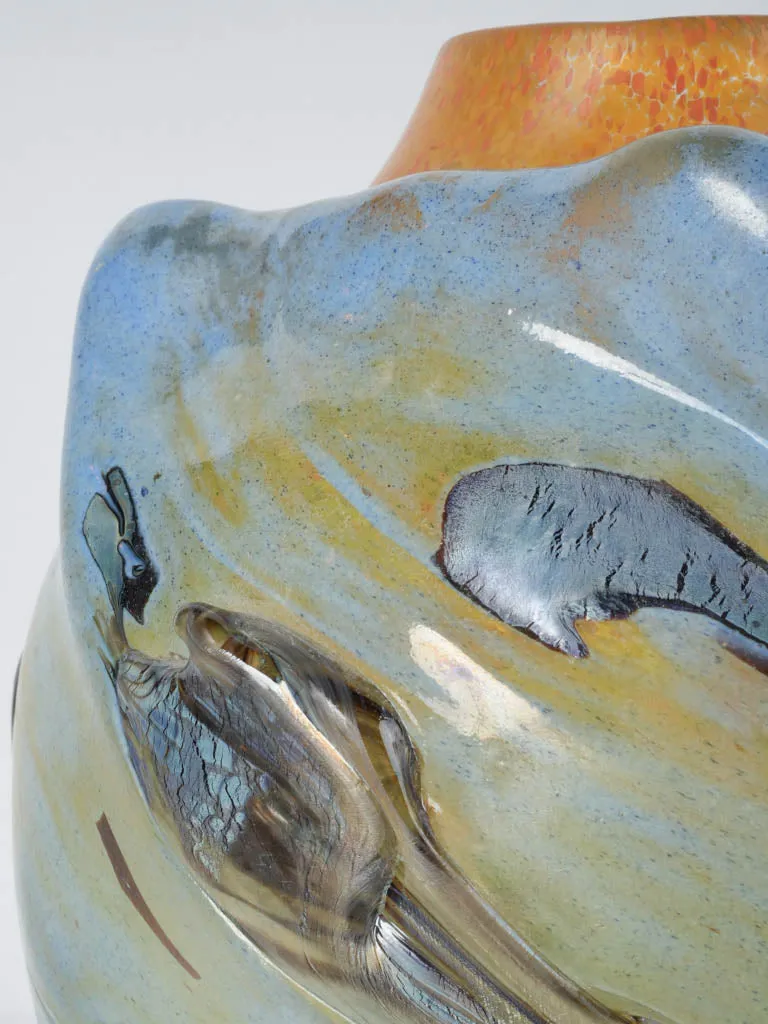 Incredible light blue & orange blown glass vase - Jean-Claude Novaro 1985 - 12½"