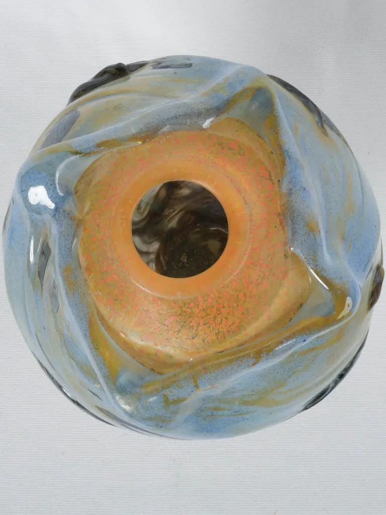 Incredible light blue & orange blown glass vase - Jean-Claude Novaro 1985 - 12½"