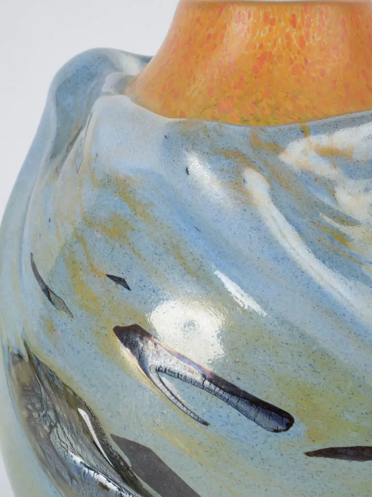 Incredible light blue & orange blown glass vase - Jean-Claude Novaro 1985 - 12½"
