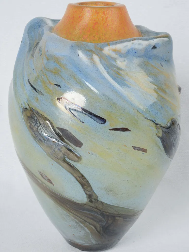 Incredible light blue & orange blown glass vase - Jean-Claude Novaro 1985 - 12½"