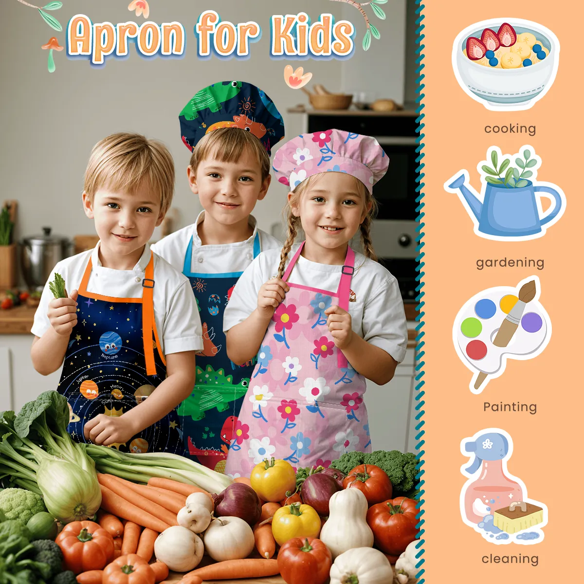Kid Apron with Front Pocket, 2Pcs Apron and Chef Hat, Chef Apron for Boy Girl Toddler Baking Cooking Gardening Painting, Apron for Children