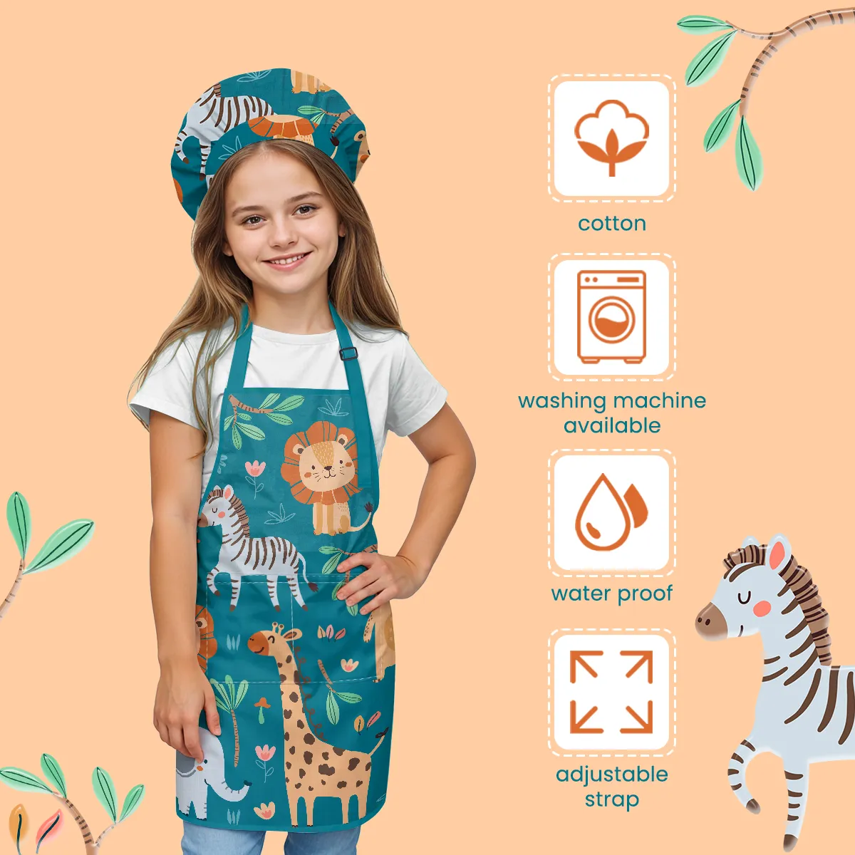 Kid Apron with Front Pocket, 2Pcs Apron and Chef Hat, Chef Apron for Boy Girl Toddler Baking Cooking Gardening Painting, Apron for Children