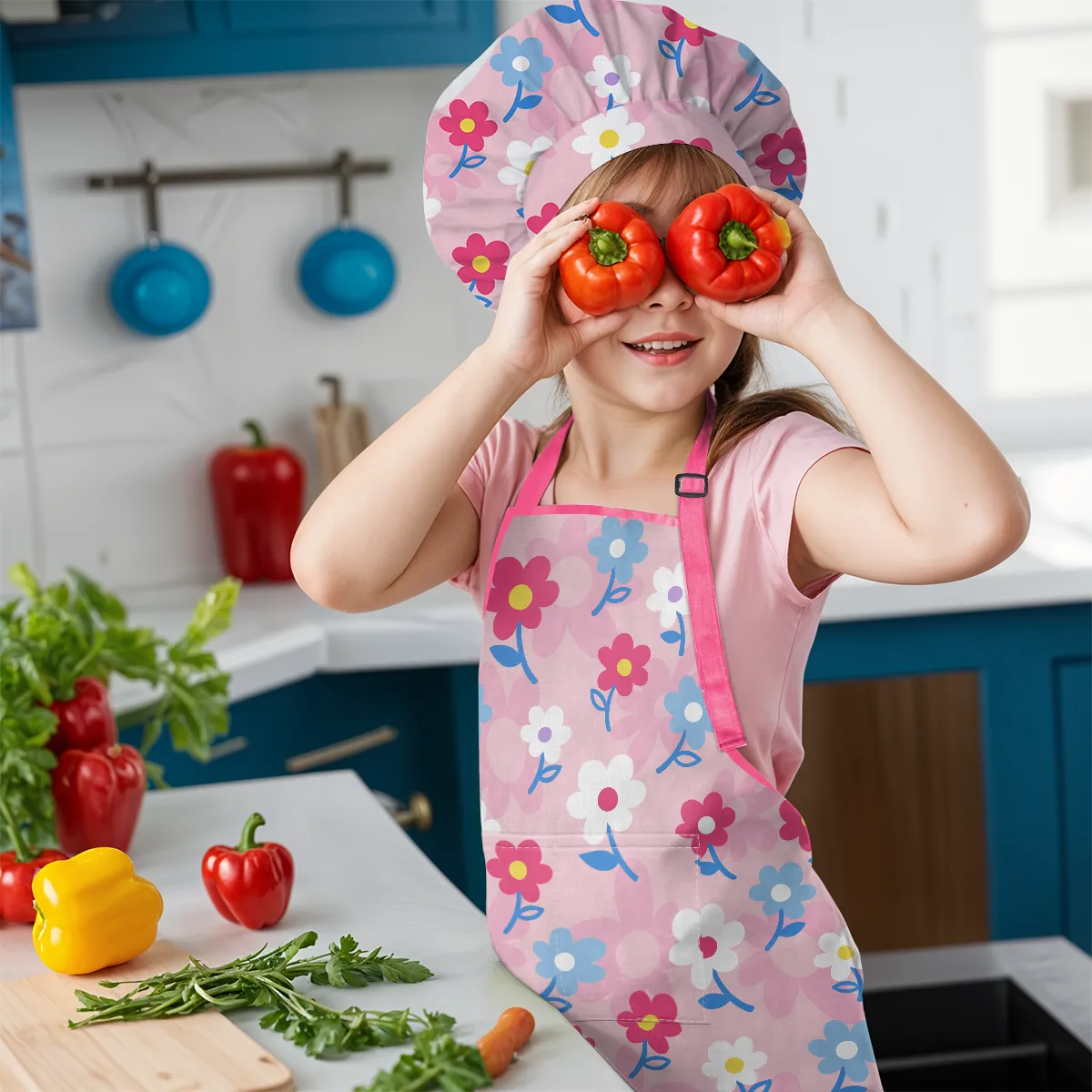 Kid Apron with Front Pocket, 2Pcs Kid Apron and Chef Hat, Chef Cooking Apron for Kids Girls Gardening Baking Painting, Floral Apron Gift