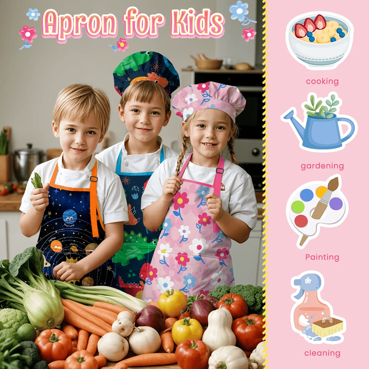 Kid Apron with Front Pocket, 2Pcs Kid Apron and Chef Hat, Chef Cooking Apron for Kids Girls Gardening Baking Painting, Floral Apron Gift