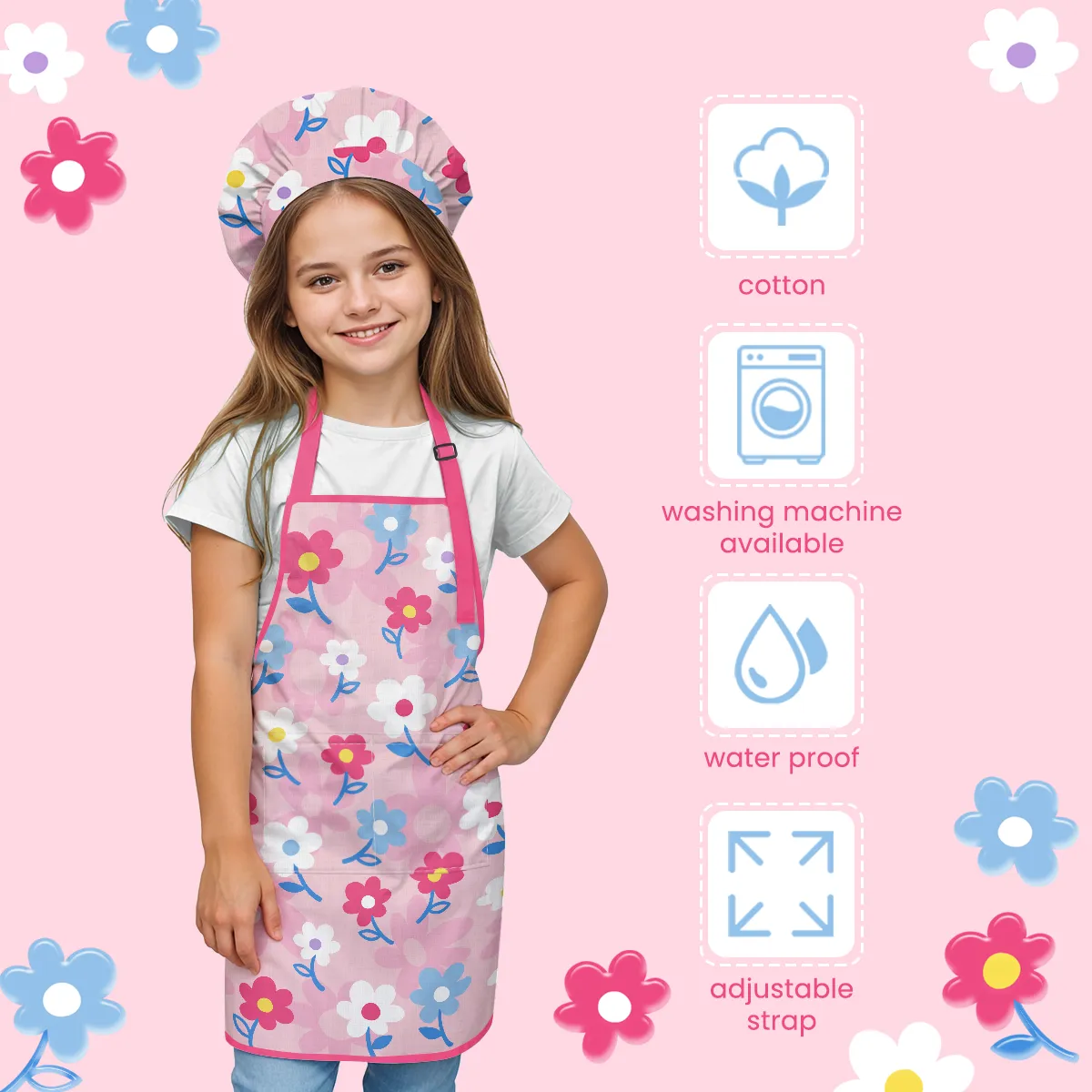 Kid Apron with Front Pocket, 2Pcs Kid Apron and Chef Hat, Chef Cooking Apron for Kids Girls Gardening Baking Painting, Floral Apron Gift