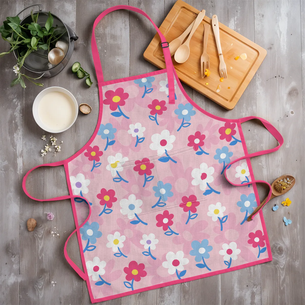 Kid Apron with Front Pocket, 2Pcs Kid Apron and Chef Hat, Chef Cooking Apron for Kids Girls Gardening Baking Painting, Floral Apron Gift