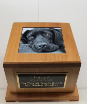 Large Dog Urn Pet Urn Pet Memorial Keepsake Cremation Urn Custom Photo Tile & Personalized Engraved Tag Beautiful Red Alder Up To 100lb