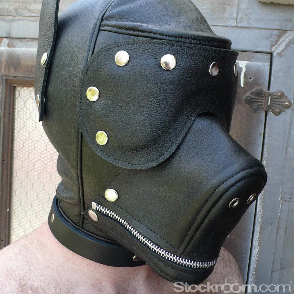 Leather Dog Hood with Snap-on Muzzle, Blindfold and Gag