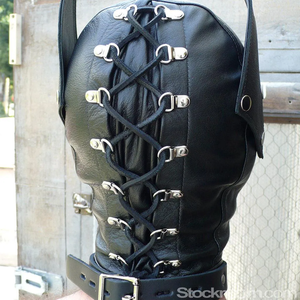 Leather Dog Hood with Snap-on Muzzle, Blindfold and Gag