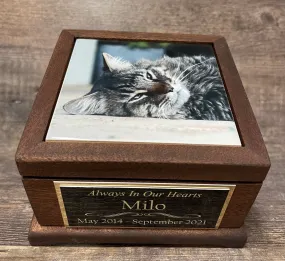 Mahogany Pet Urn Cat or Dog Urn Pet Memorial Keepsake Box Yorkie Cremation Urn Custom Photo Tile & Tag Small Dog / Animal  Urn Up To 25lbs