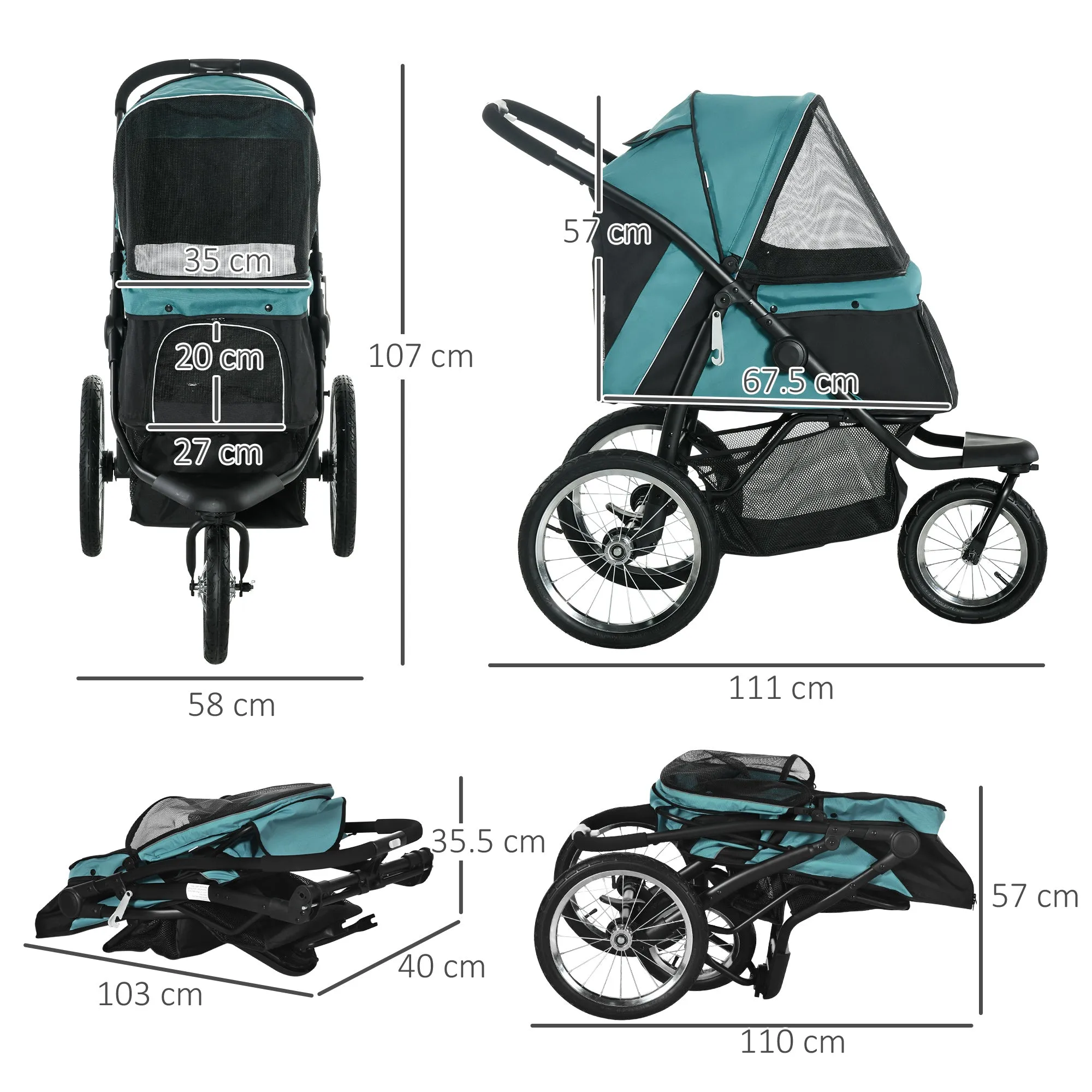 PawHut 3 Wheel Pet Stroller, for Medium Small Dogs, Foldable Cat Pram - Green