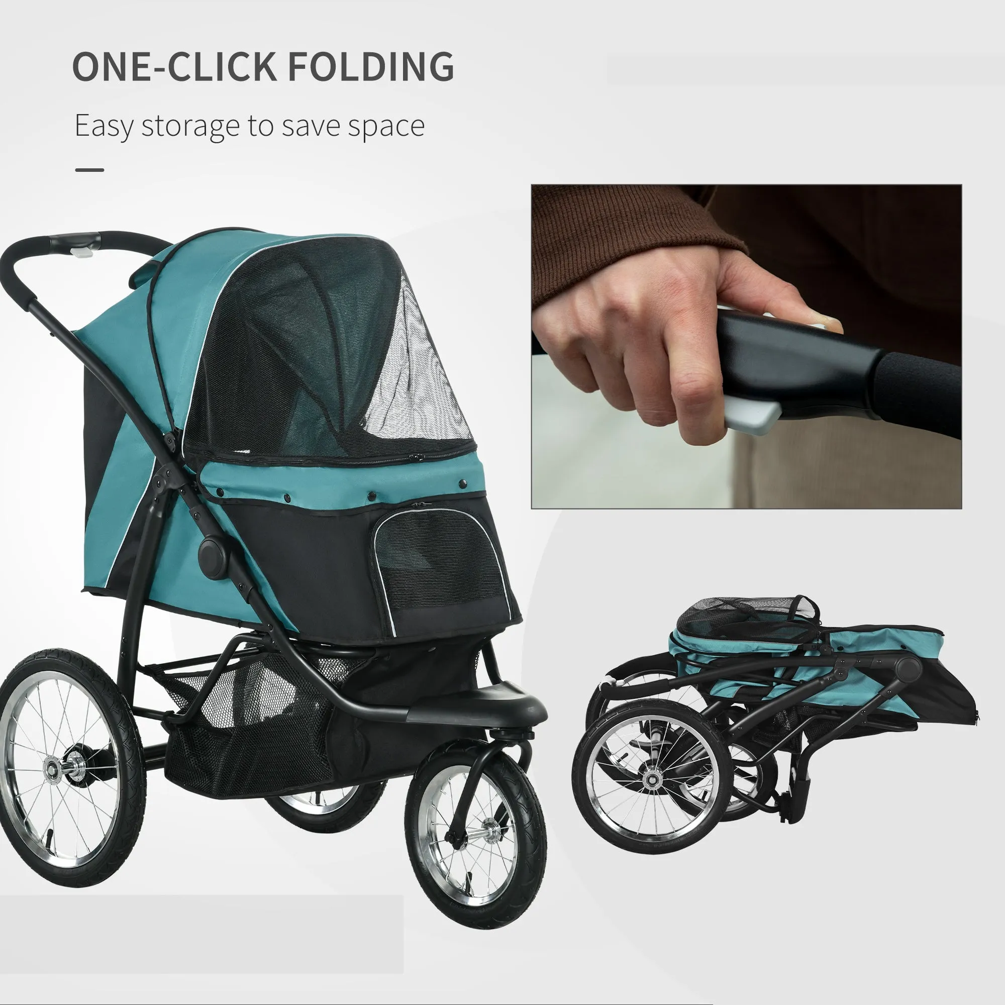 PawHut 3 Wheel Pet Stroller, for Medium Small Dogs, Foldable Cat Pram - Green