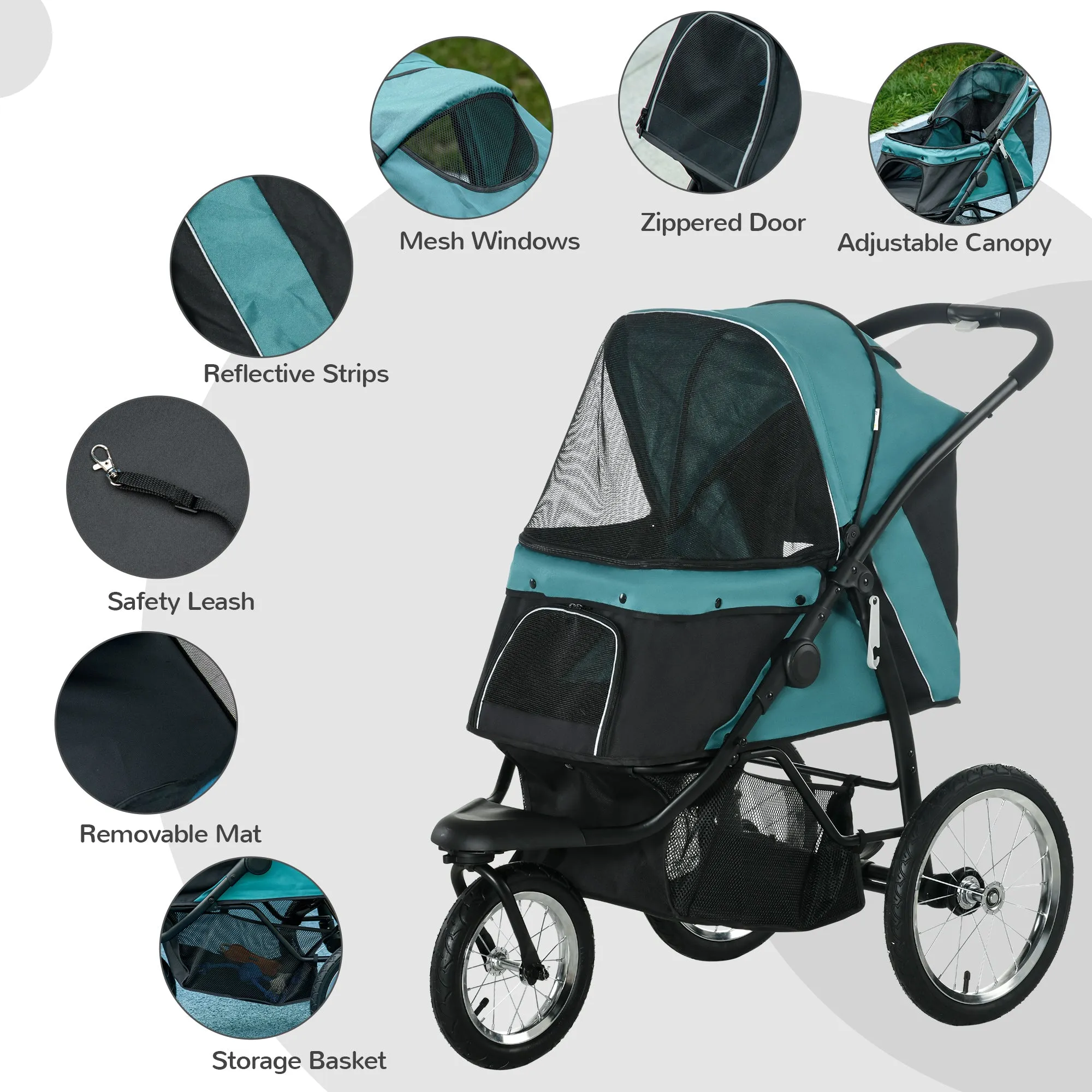 PawHut 3 Wheel Pet Stroller, for Medium Small Dogs, Foldable Cat Pram - Green