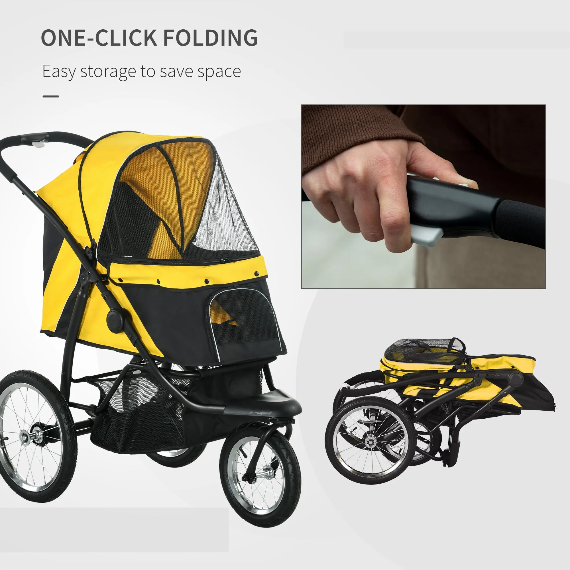 PawHut 3 Wheel Pet Stroller, for Medium Small Dogs, Foldable Cat Pram - Yellow