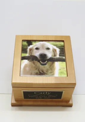 Pet Photo Urn Dog Urn Pet Memorial Keepsake Cremation Urn Custom Photo Tile & Personalized Brass Tag Red Alder Medium Dog Urn UpTo 60lb
