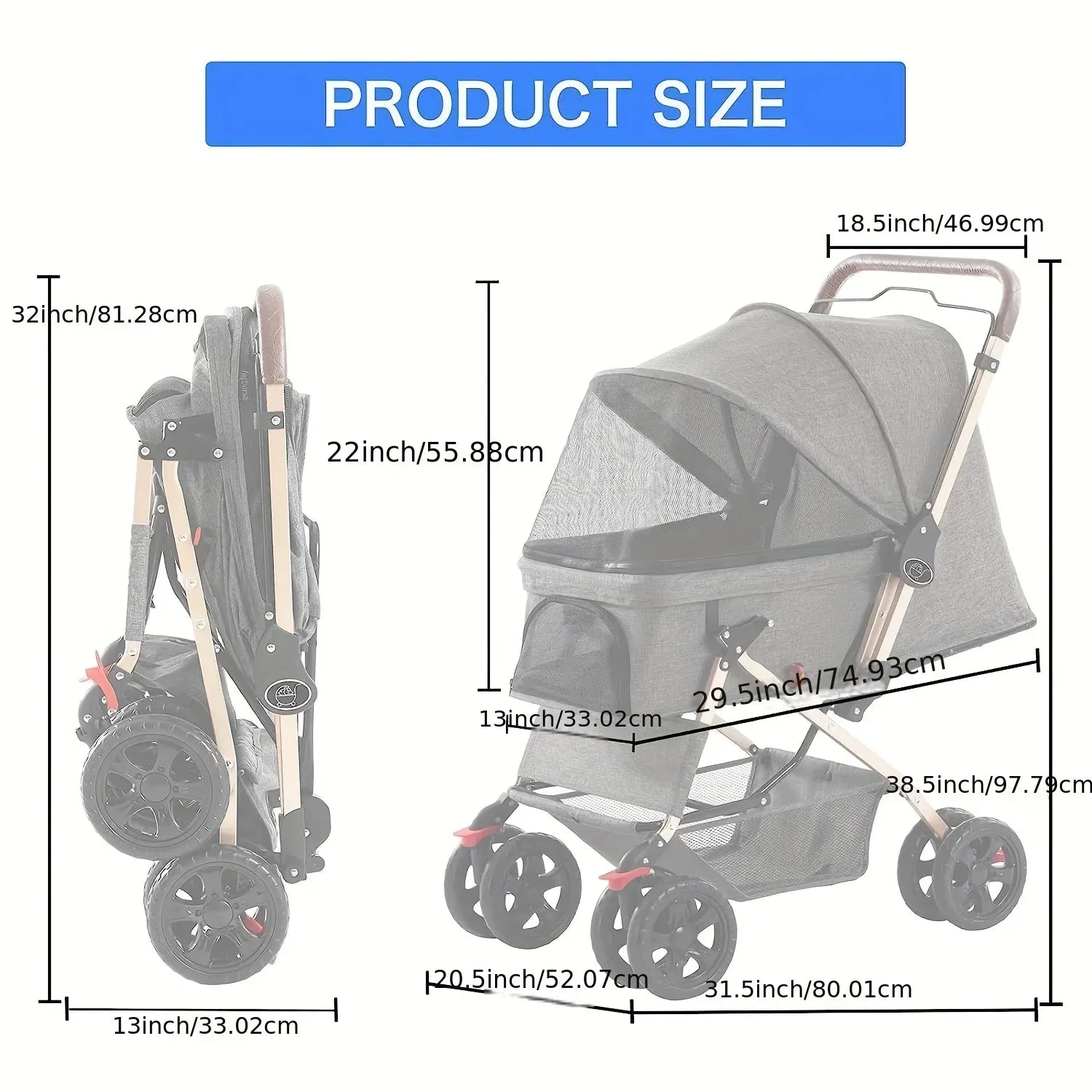 Pet Stroller for Cats and Dogs | Four Wheels Carrier Strolling Cart with Weather Cover | Storage Basket for Small and Medium Dogs | Alo Trendy