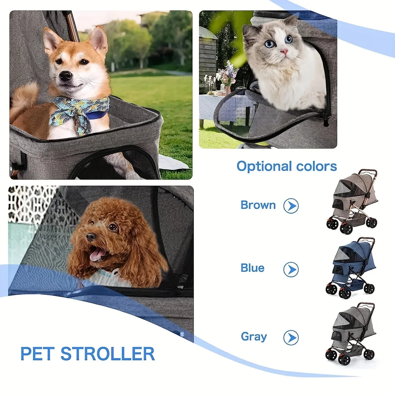 Pet Stroller for Cats and Dogs | Four Wheels Carrier Strolling Cart with Weather Cover | Storage Basket for Small and Medium Dogs | Alo Trendy