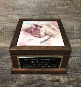 Pet Urn Cat or Dog Urn Pet Memorial Keepsake Box Yorkie Mahogany Cremation Urn Custom Photo Tile & Tag Small Dog / Animal  Urn Up To 25lbs