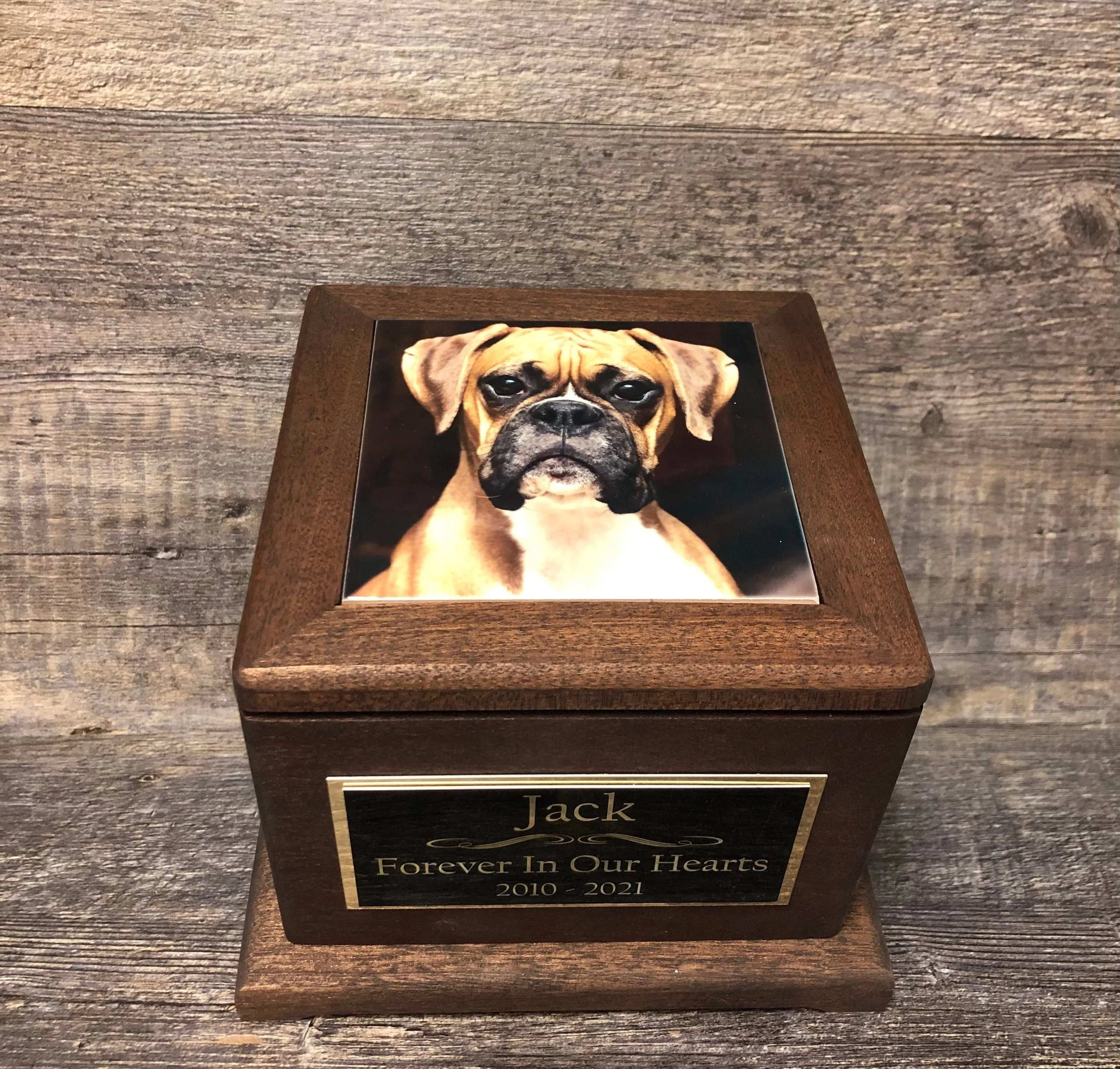 Pet Urn Dog Urn MAHOGANY Memorial Keepsake Cremation Urn Custom Photo Tile & Personalized Boxer Lab German Sheppard Large Dog Up To 90lb