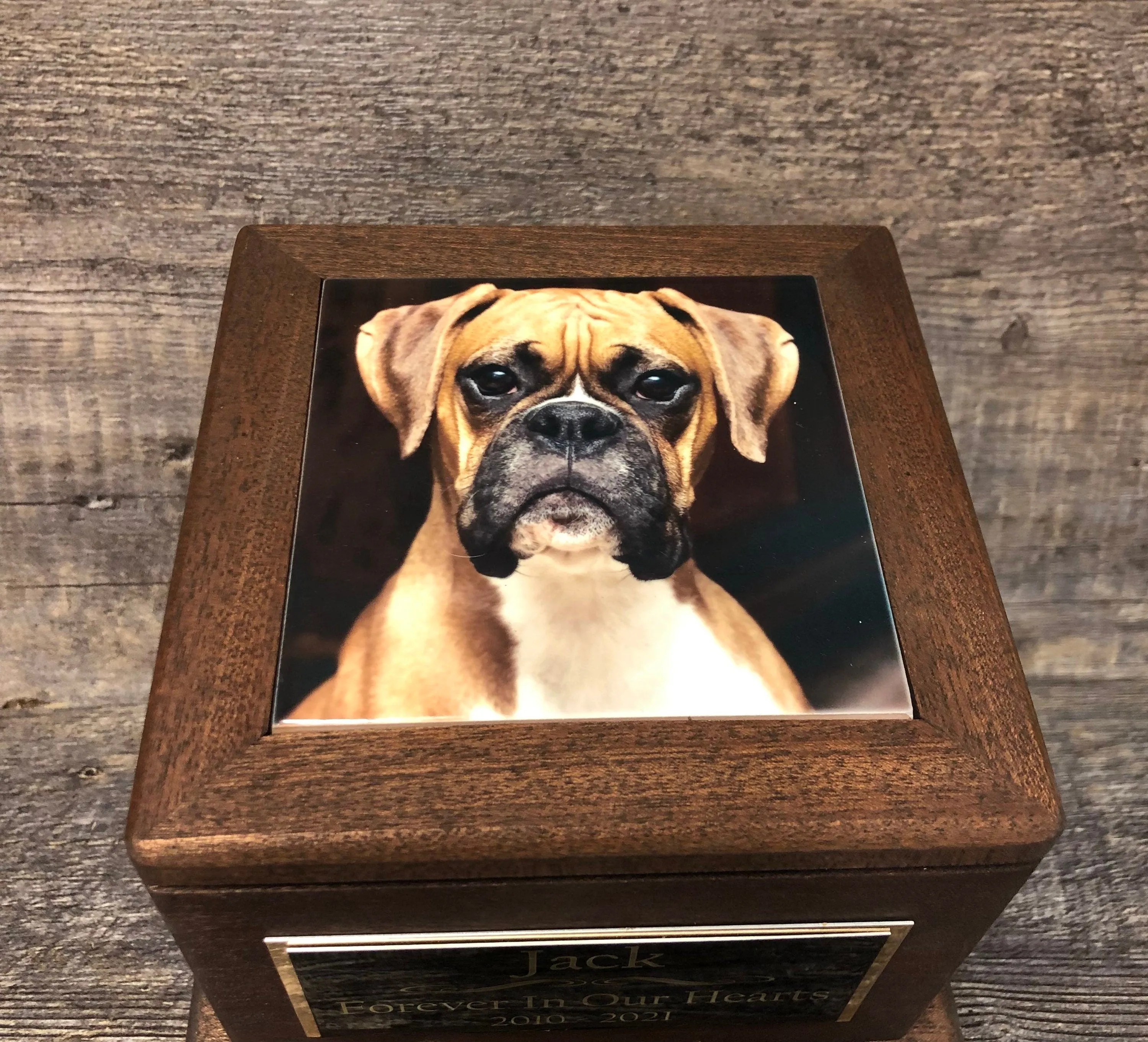 Pet Urn Dog Urn MAHOGANY Memorial Keepsake Cremation Urn Custom Photo Tile & Personalized Boxer Lab German Sheppard Large Dog Up To 90lb
