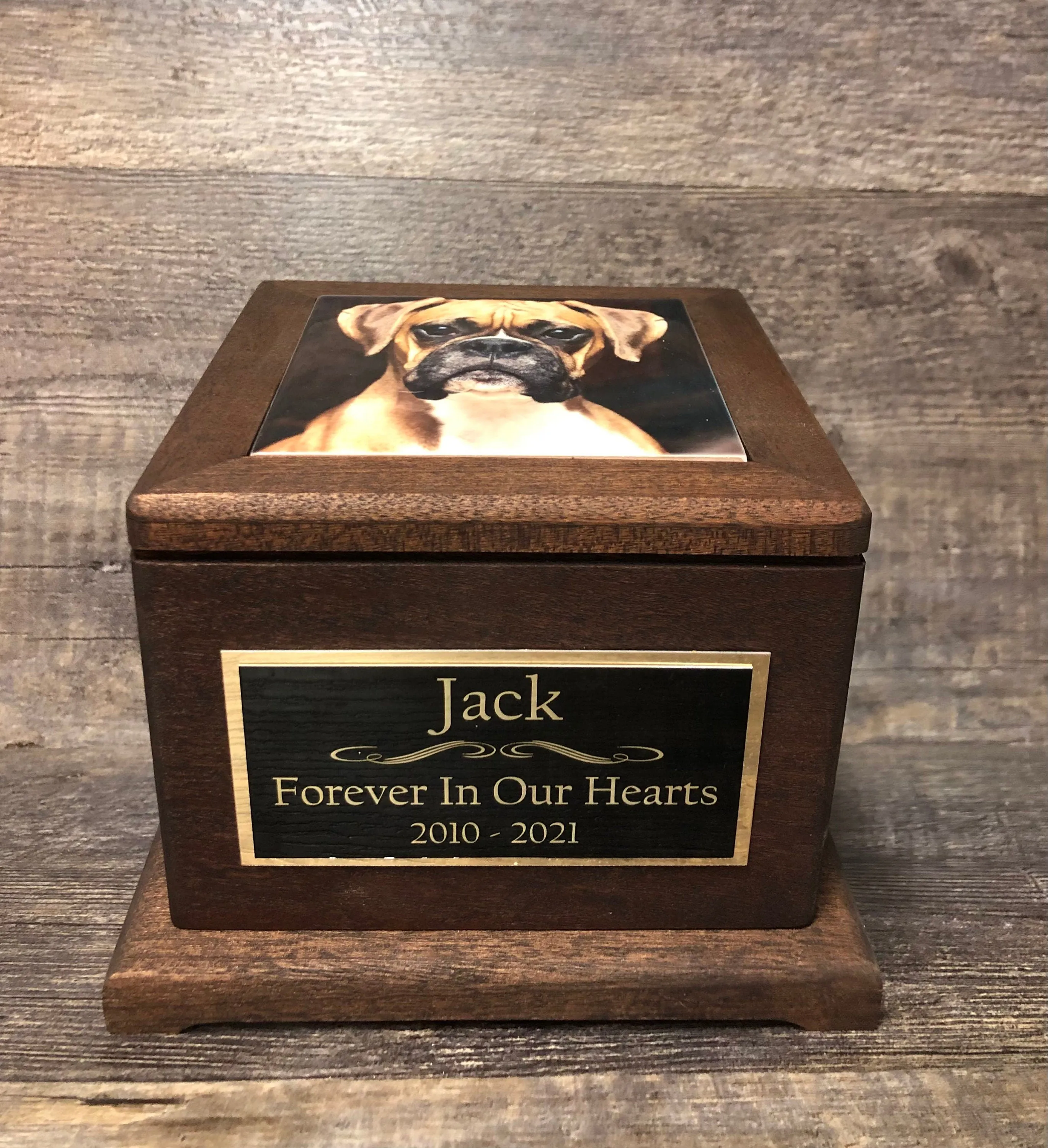Pet Urn Dog Urn MAHOGANY Memorial Keepsake Cremation Urn Custom Photo Tile & Personalized Boxer Lab German Sheppard Large Dog Up To 90lb