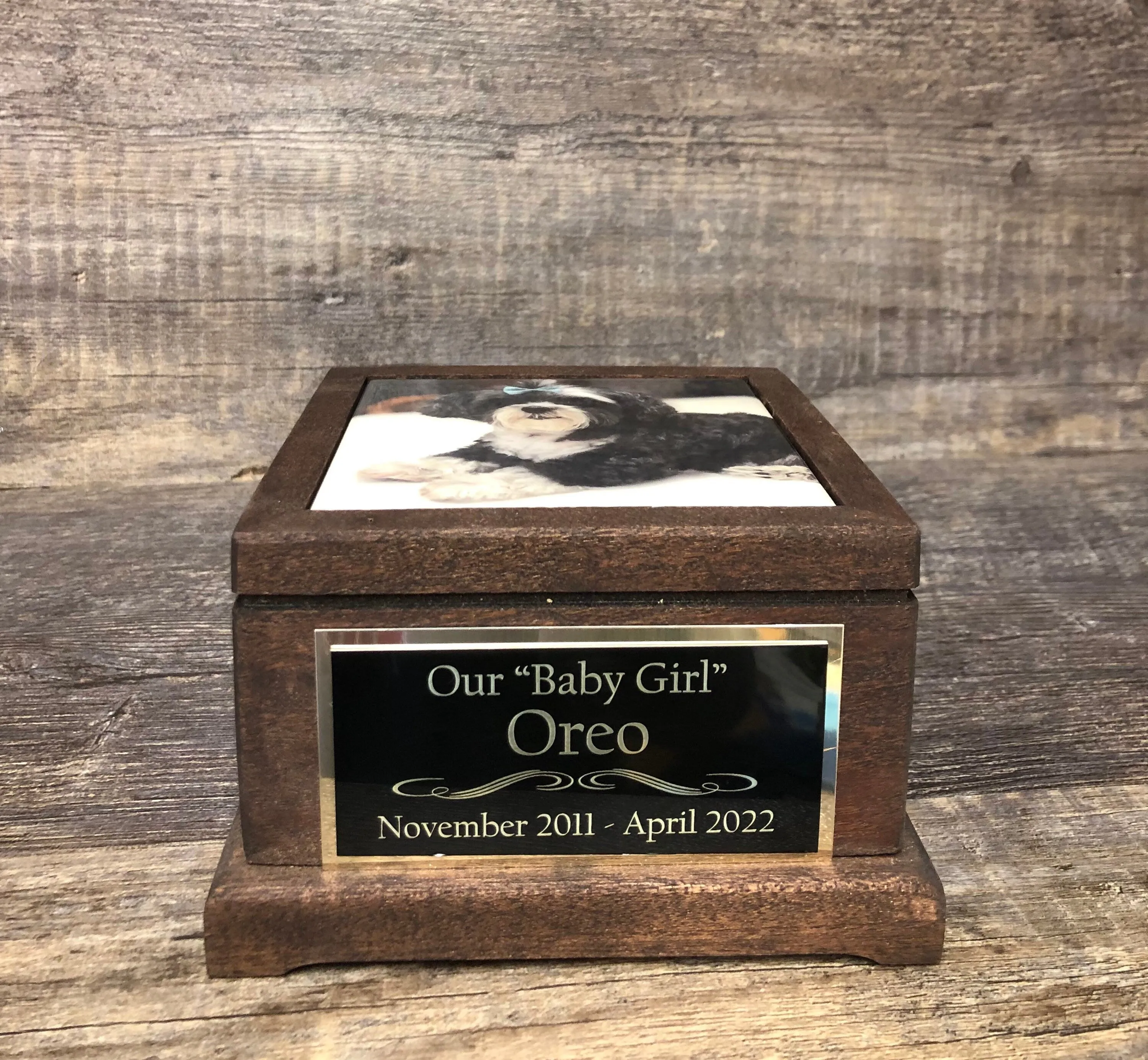 Pet Urn Dog Urn MAHOGANY Memorial Keepsake Cremation Urn Dachshund Chihuahua Yorkie Maltes Pom Custom Photo & Plate Small Dog Up To 25 lbs