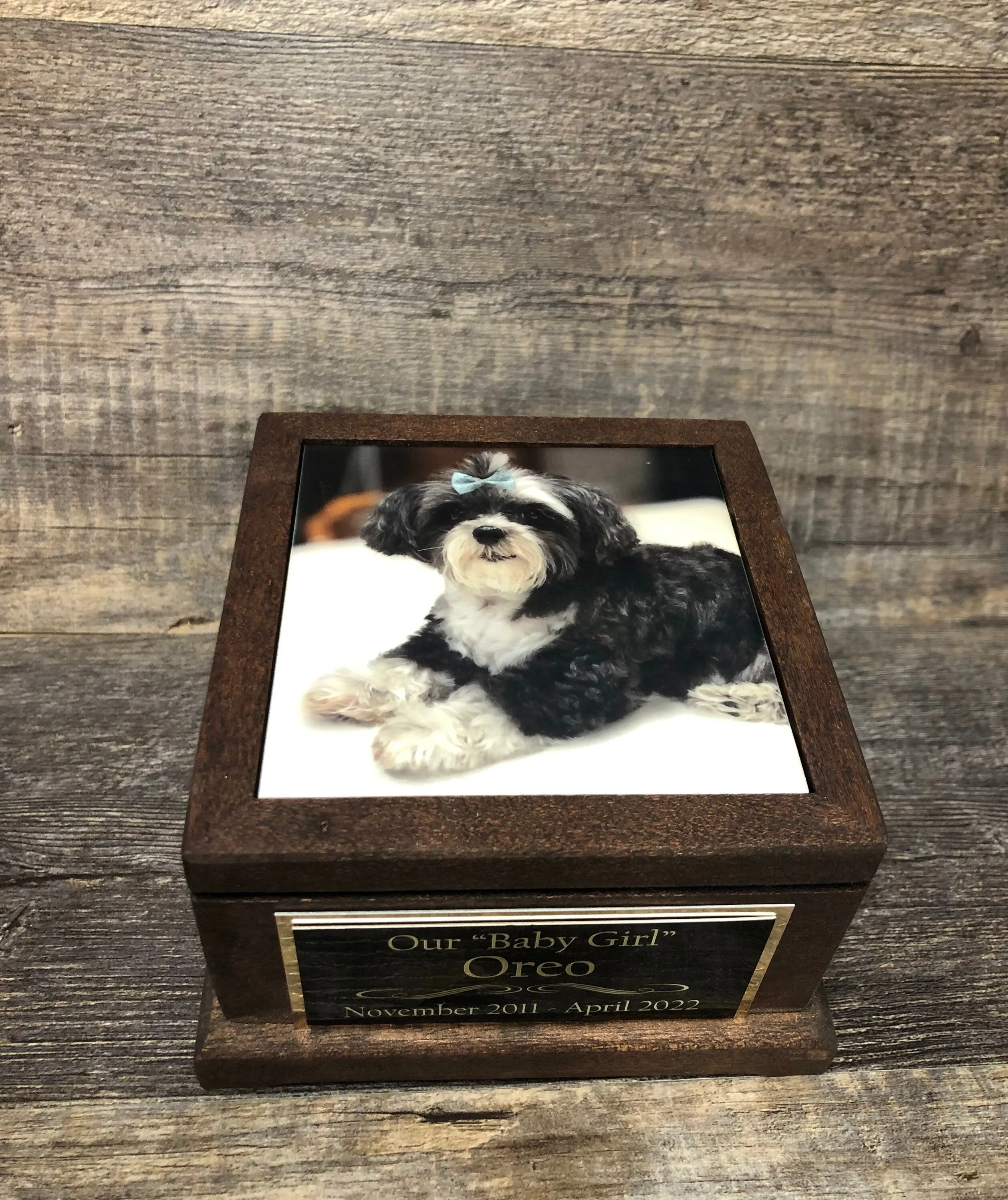 Pet Urn Dog Urn MAHOGANY Memorial Keepsake Cremation Urn Dachshund Chihuahua Yorkie Maltes Pom Custom Photo & Plate Small Dog Up To 25 lbs