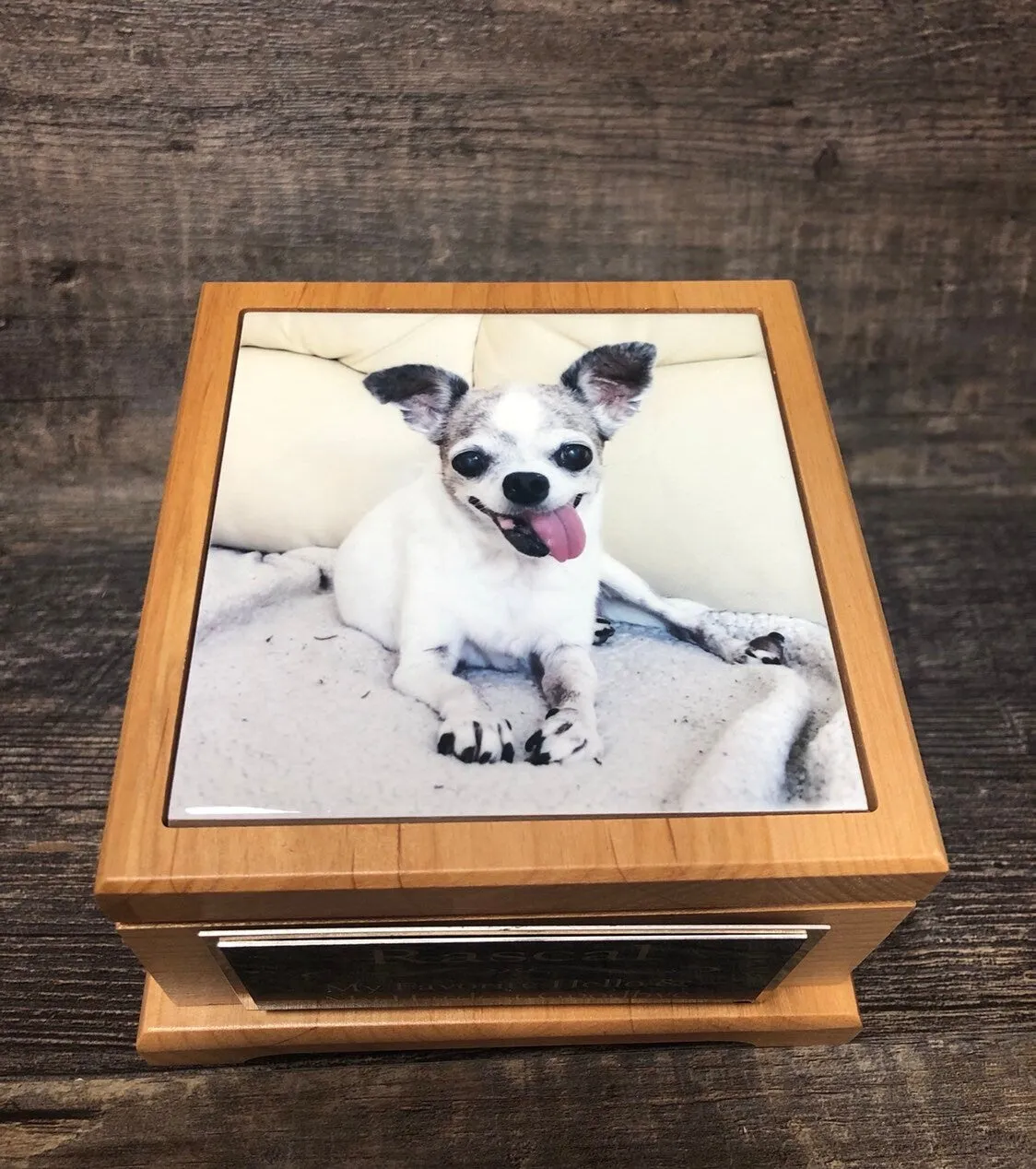 Pet Urn Dog Urn Pet Memorial Keepsake Box Chihuahua Cremation Urn Custom Photo Tile & Tag Red Alder Small Dog / Animal Cat Urn Up To 25lbs