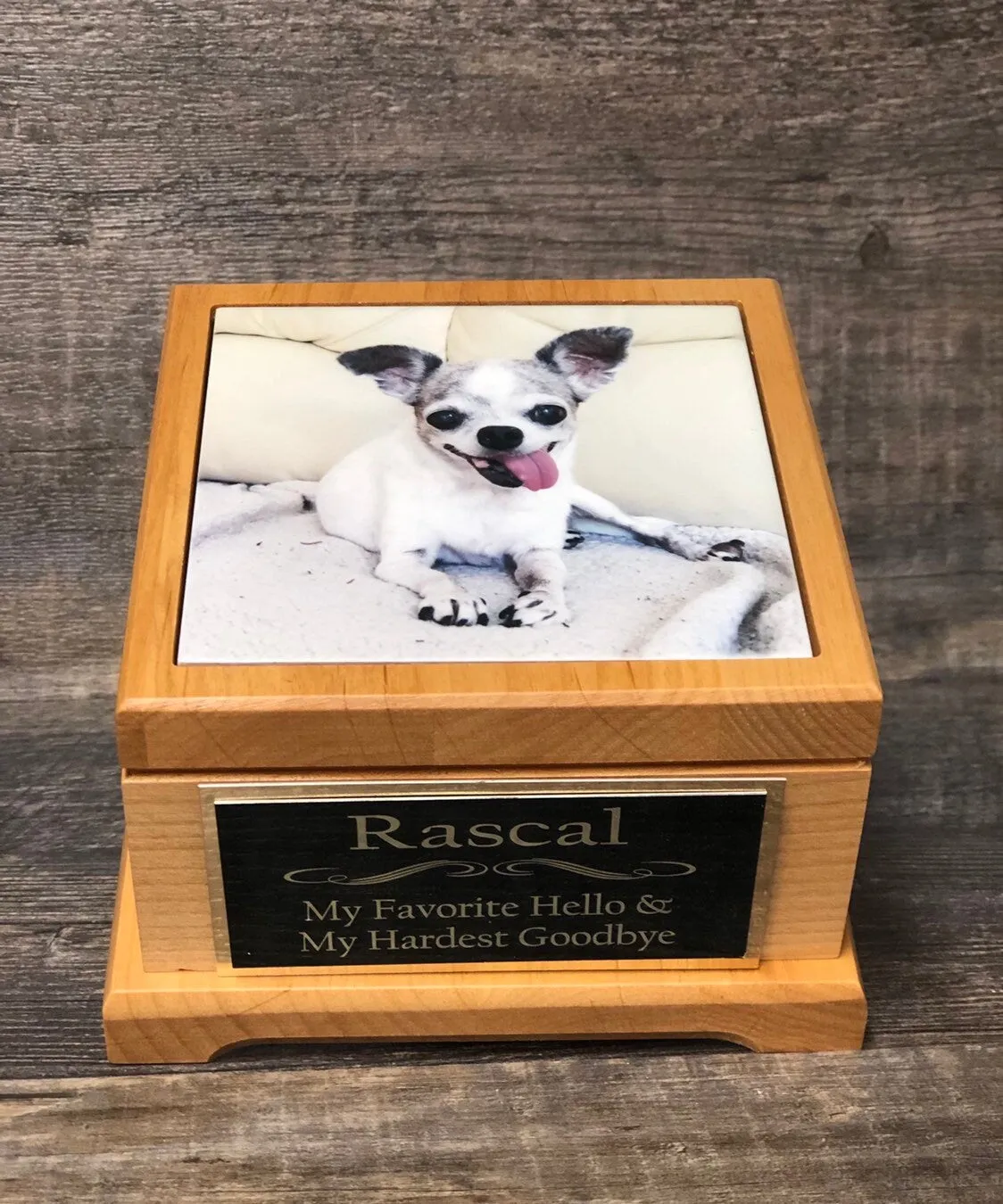 Pet Urn Dog Urn Pet Memorial Keepsake Box Chihuahua Cremation Urn Custom Photo Tile & Tag Red Alder Small Dog / Animal Cat Urn Up To 25lbs