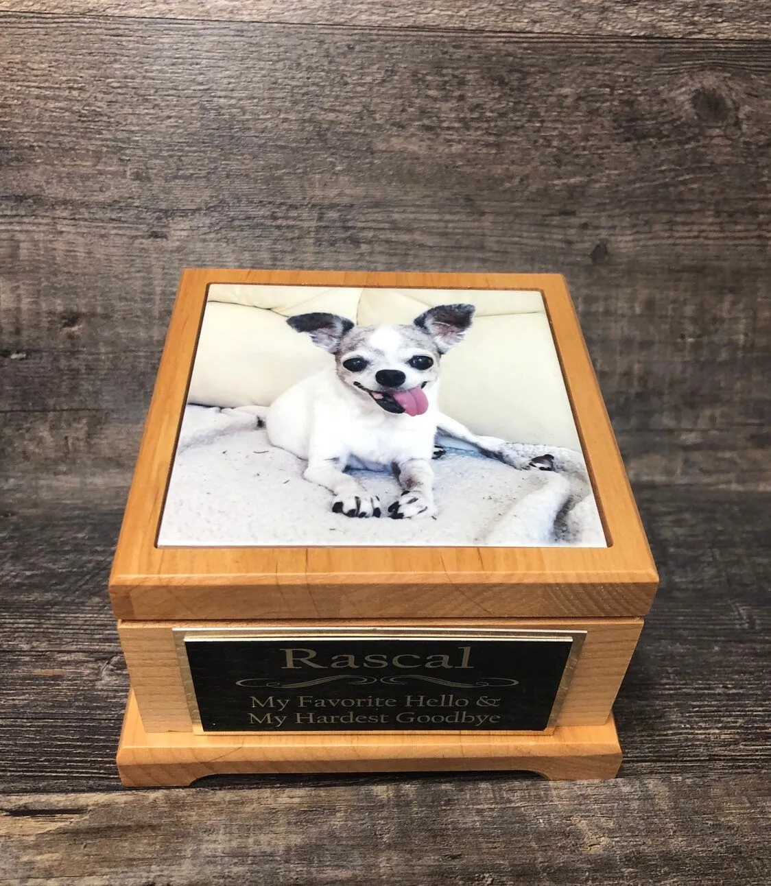 Pet Urn Dog Urn Pet Memorial Keepsake Box Chihuahua Cremation Urn Custom Photo Tile & Tag Red Alder Small Dog / Animal Cat Urn Up To 25lbs