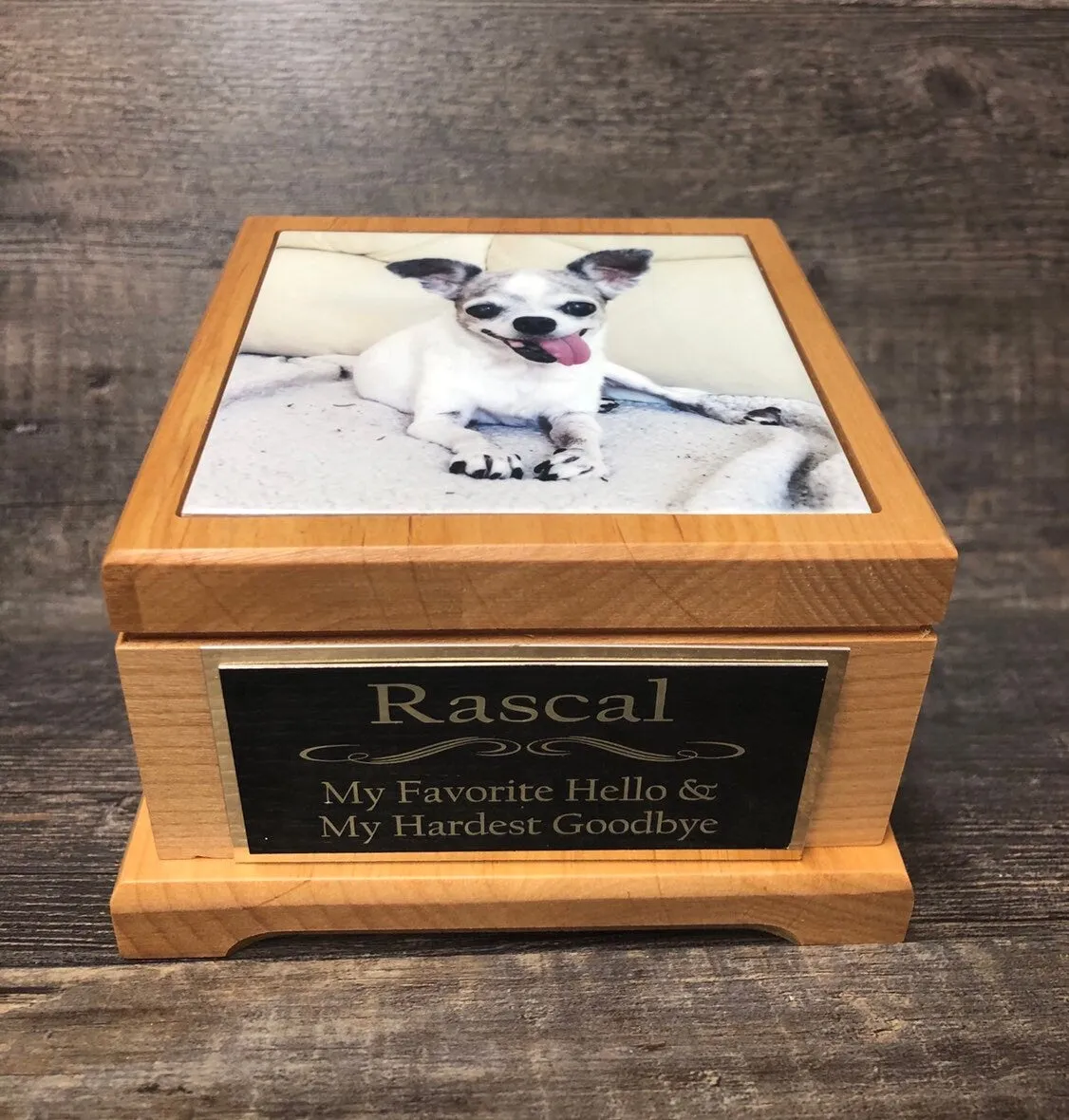 Pet Urn Dog Urn Pet Memorial Keepsake Box Chihuahua Cremation Urn Custom Photo Tile & Tag Red Alder Small Dog / Animal Cat Urn Up To 25lbs