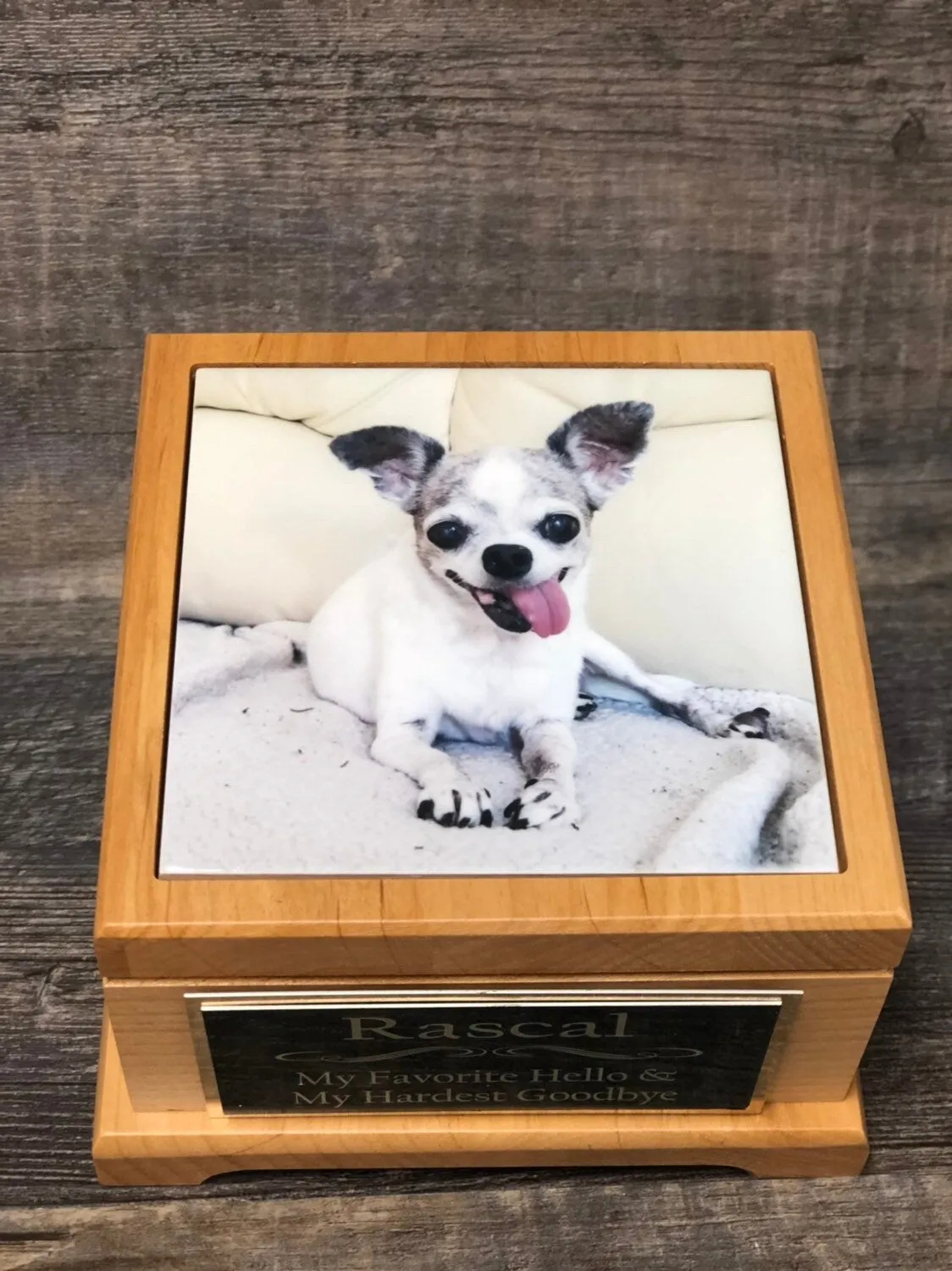 Pet Urn Dog Urn Pet Memorial Keepsake Box Chihuahua Cremation Urn Custom Photo Tile & Tag Red Alder Small Dog / Animal Cat Urn Up To 25lbs