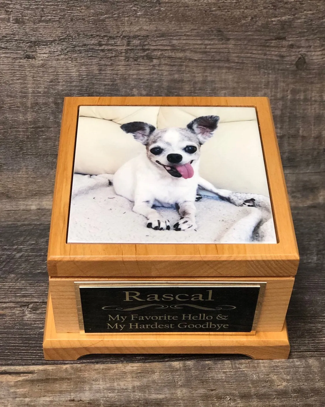 Pet Urn Dog Urn Pet Memorial Keepsake Box Chihuahua Cremation Urn Custom Photo Tile & Tag Red Alder Small Dog / Animal Cat Urn Up To 25lbs
