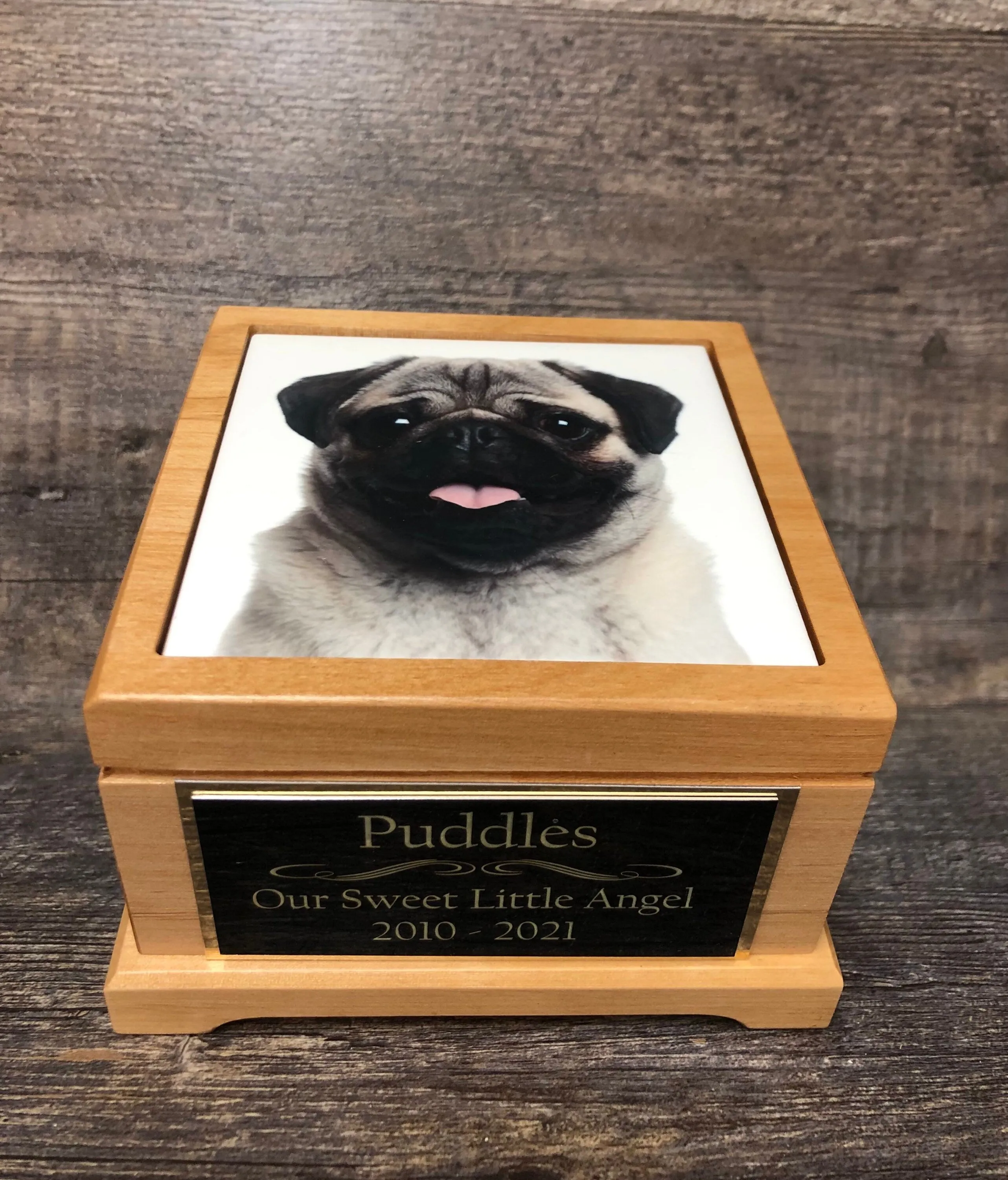 Pet Urn Dog Urn Pet Memorial Keepsake Box Pug / Yorkie Cremation Urn Custom Photo Tile & Tag Red Alder Small Dog / Animal Urn Up To 25lbs