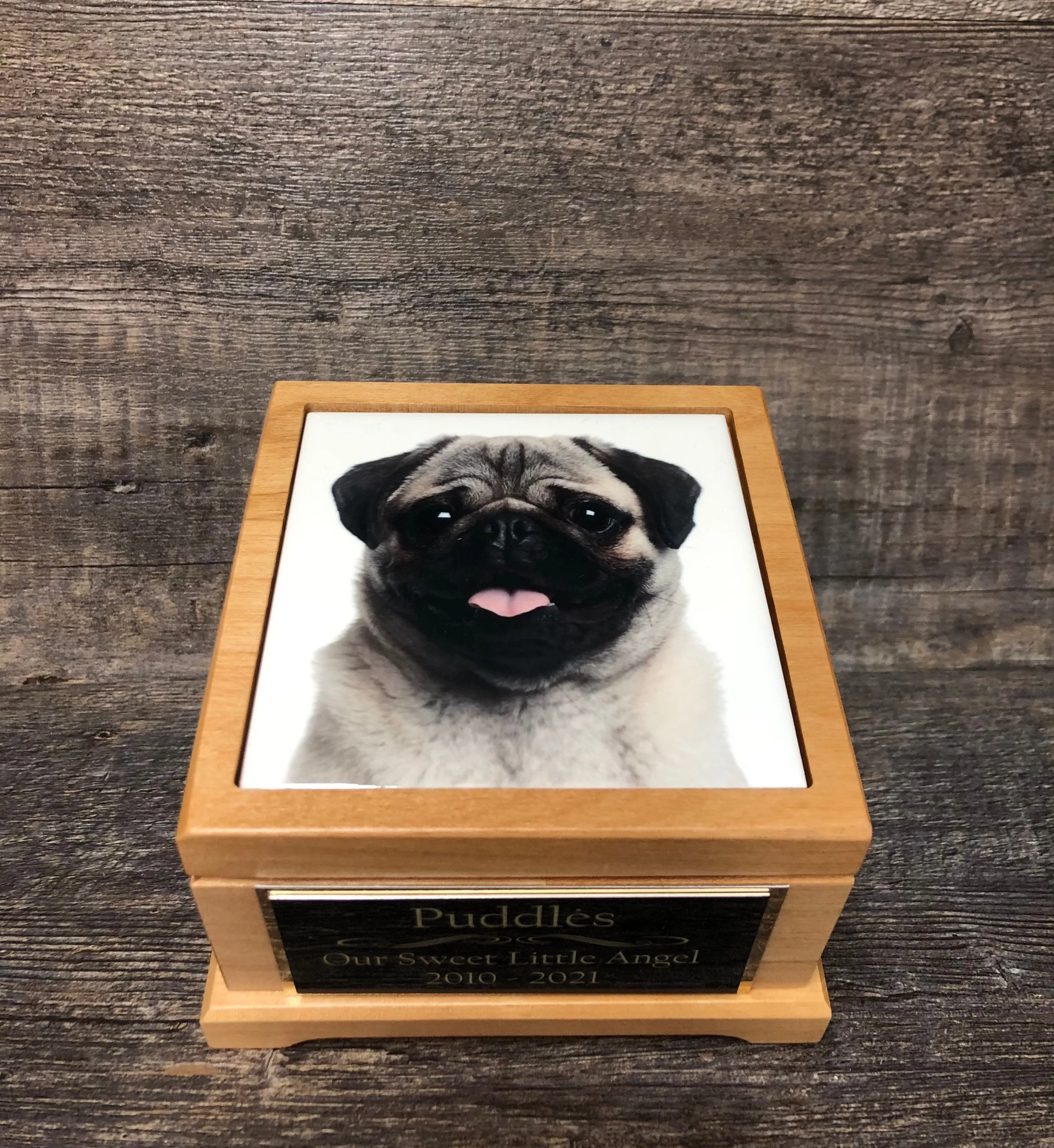 Pet Urn Dog Urn Pet Memorial Keepsake Box Pug / Yorkie Cremation Urn Custom Photo Tile & Tag Red Alder Small Dog / Animal Urn Up To 25lbs