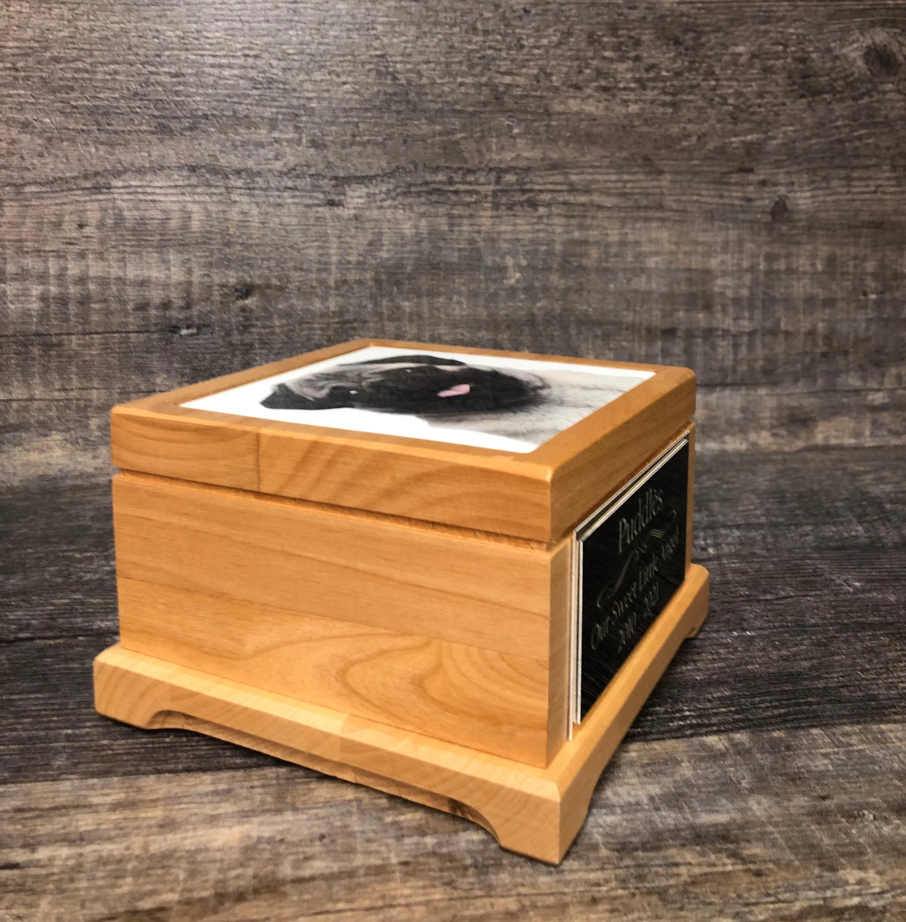 Pet Urn Dog Urn Pet Memorial Keepsake Box Pug / Yorkie Cremation Urn Custom Photo Tile & Tag Red Alder Small Dog / Animal Urn Up To 25lbs
