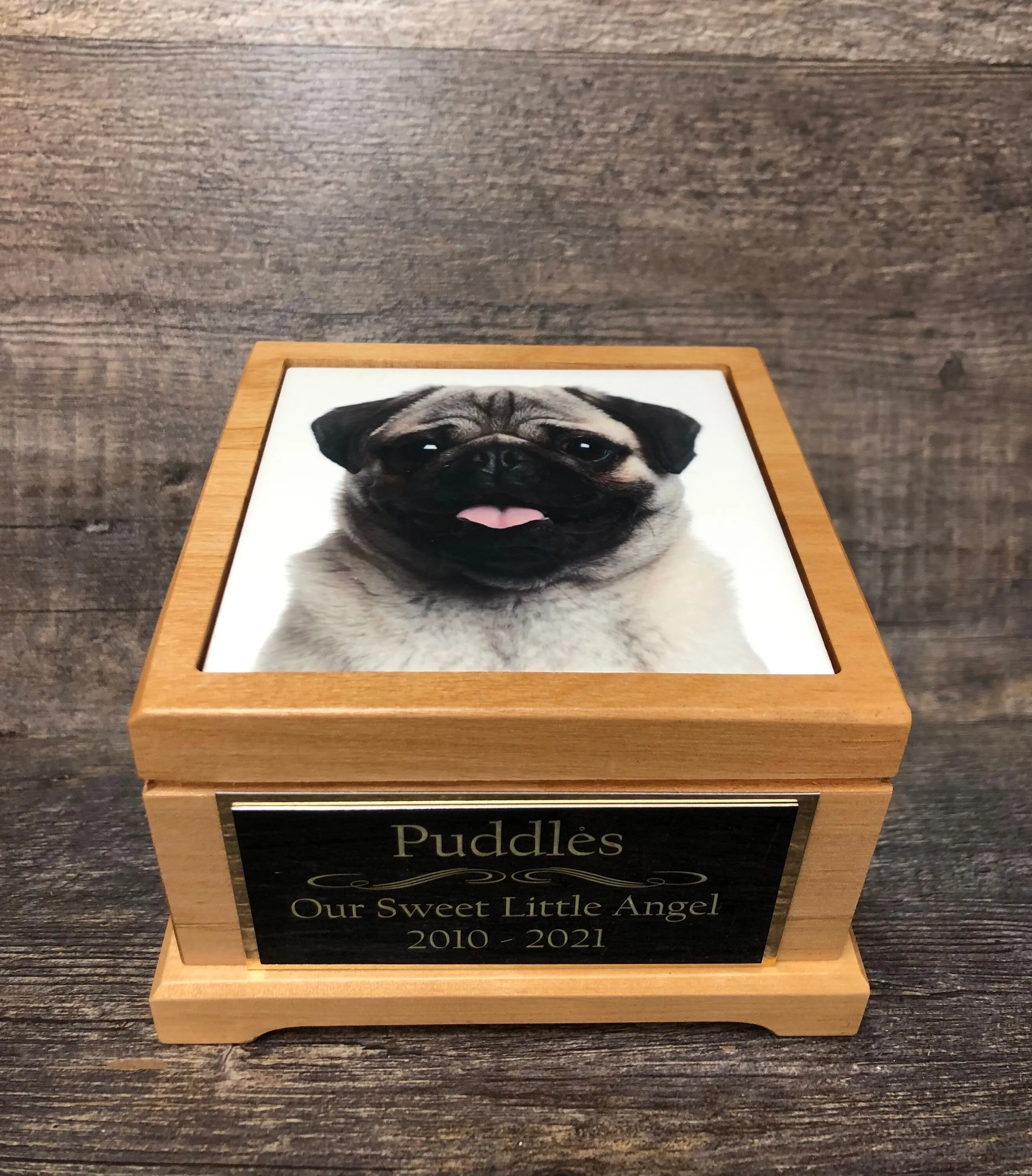 Pet Urn Dog Urn Pet Memorial Keepsake Box Pug / Yorkie Cremation Urn Custom Photo Tile & Tag Red Alder Small Dog / Animal Urn Up To 25lbs