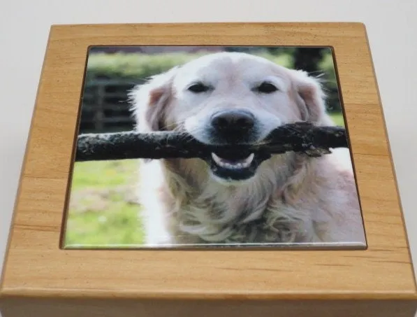 Pet Urn Dog Urn Pet Memorial Keepsake Cremation Urn Custom Photo Tile & Personalized Engraved Tag Red Alder Medium to Large Dog UpTo 60lb