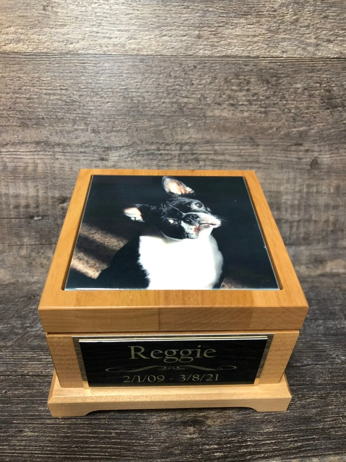Pet Urn Dog Urn Pet Memorial Keepsake Small Boston Terrier Cremation Urn Custom Photo Personalized Tile Red Alder Wood Urn Dog UpTo 25lbs