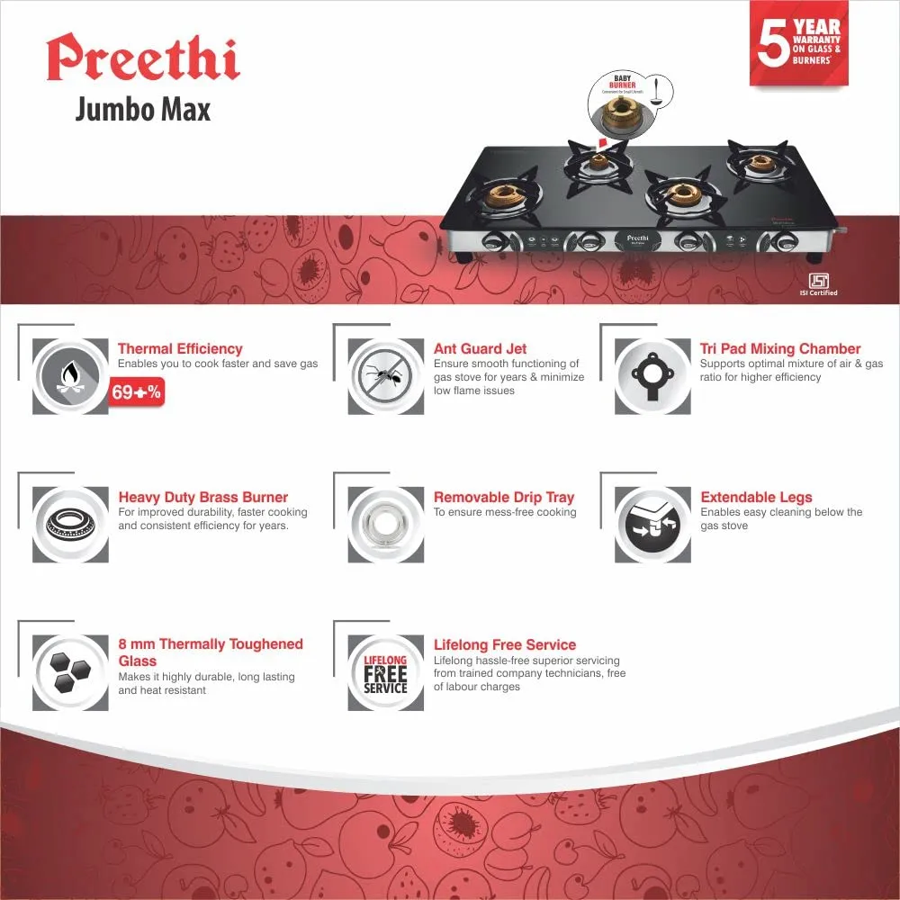 Preethi Blu-Flame Stainless Steel Jumbo Max Glass Top LPG Gas Stove with 4 Burner