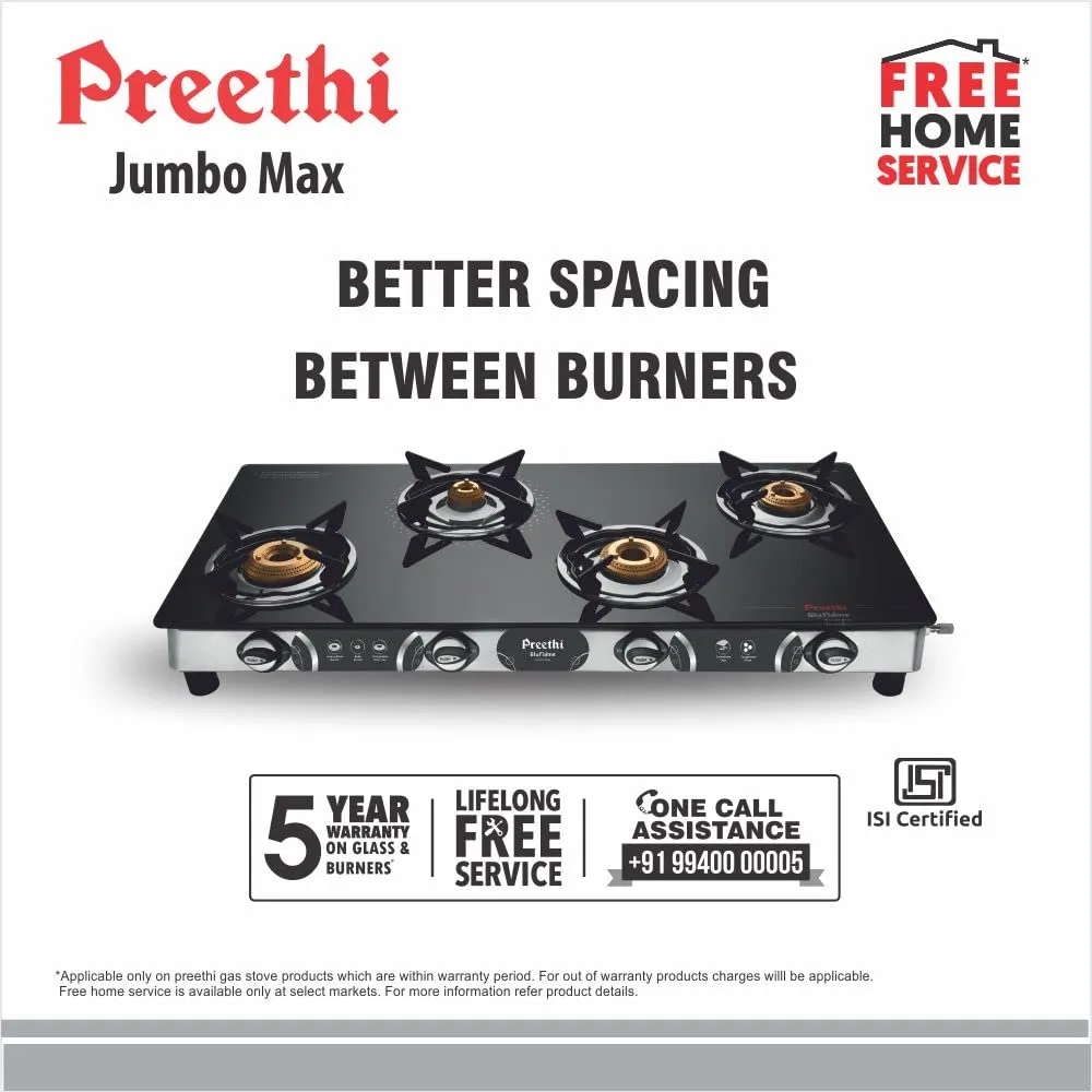 Preethi Blu-Flame Stainless Steel Jumbo Max Glass Top LPG Gas Stove with 4 Burner