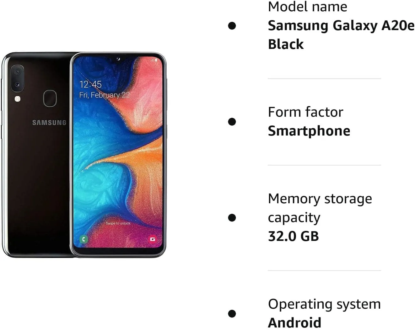 Samsung Galaxy A20e Dual SIM 32GB Smartphone Black SIM-Free Unlocked