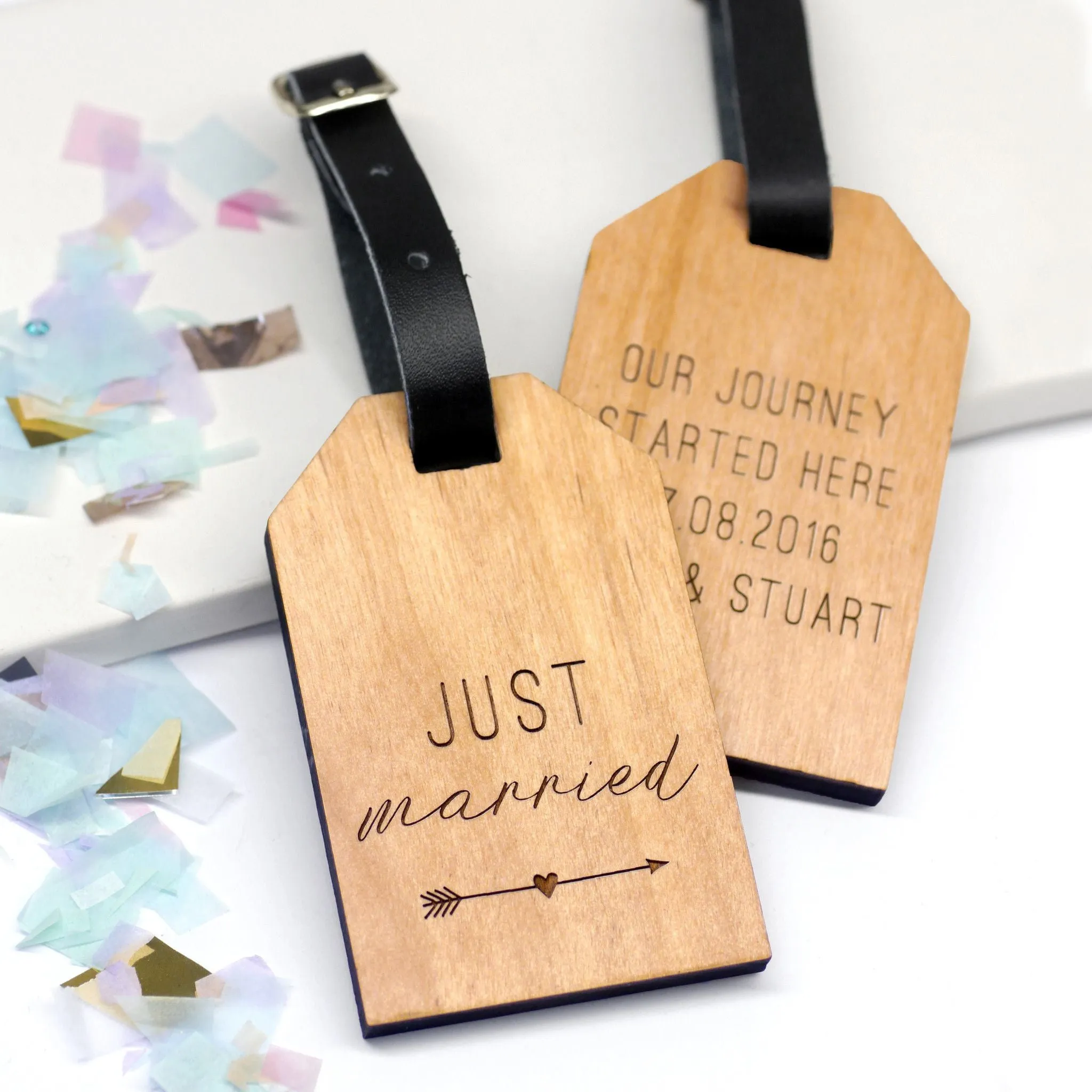Set Of Two Personalised Wooden Just Married Luggage Tags