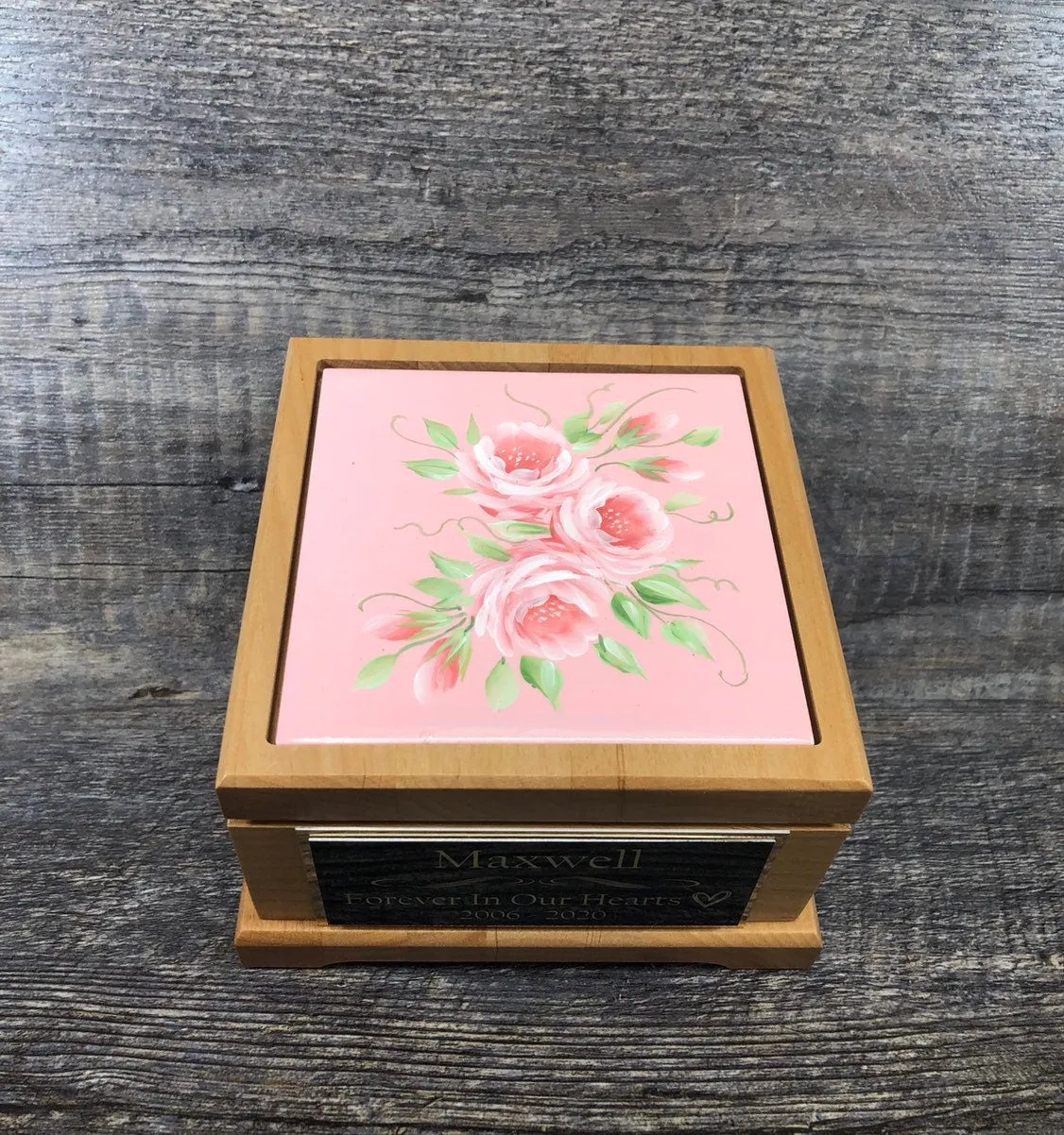 Small Dog Urn Pet Urn Pet Memorial Keepsake Box Cremation Urn Hand Painted Roses Tile & Tag Red Alder Small Dog / Animal Cat Urn Up To 25lbs