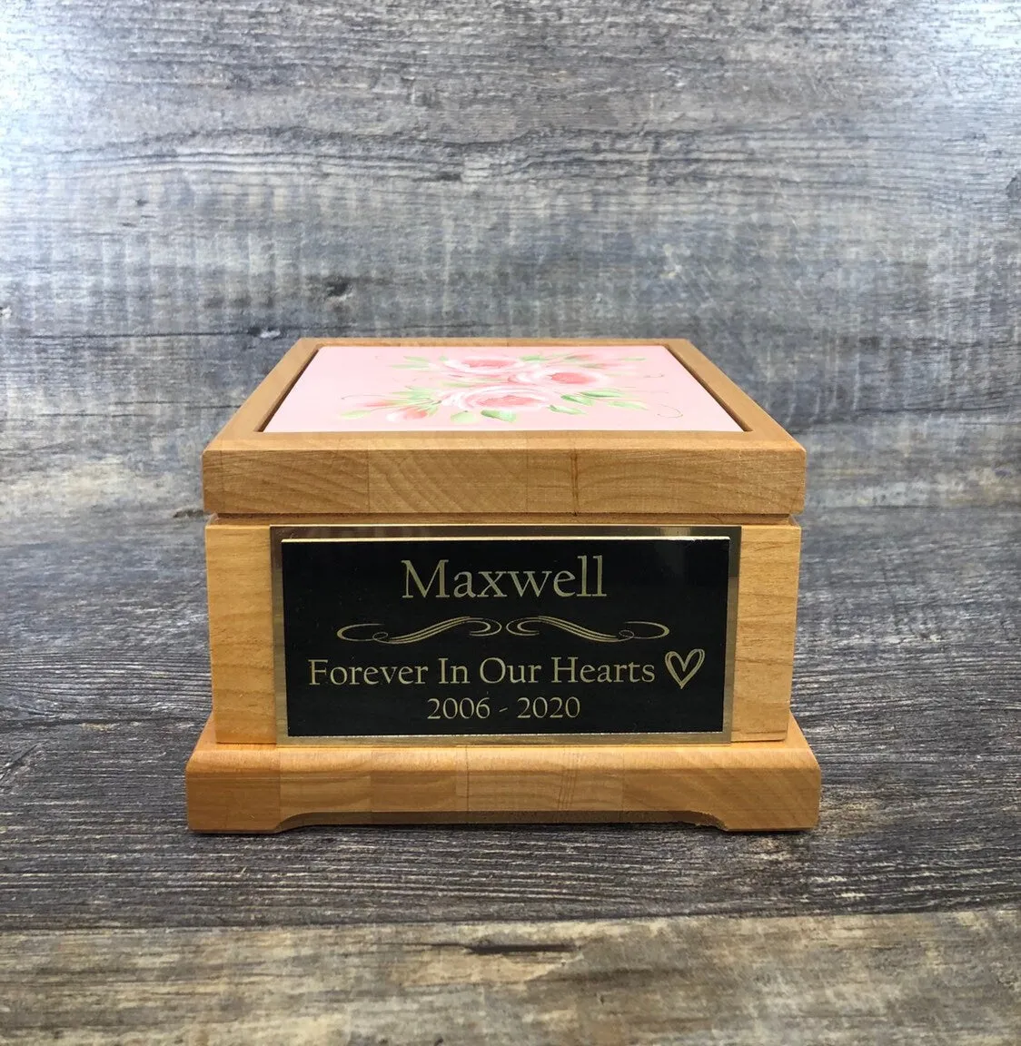 Small Dog Urn Pet Urn Pet Memorial Keepsake Box Cremation Urn Hand Painted Roses Tile & Tag Red Alder Small Dog / Animal Cat Urn Up To 25lbs