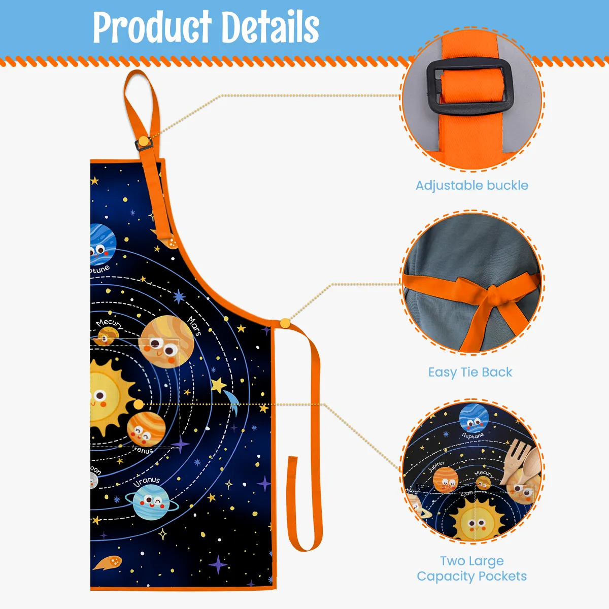 Solar System Apron with Front Pocket, 2Pcs Kid Apron and Chef Hat, Chef Aprons for Kids Toddlers Cooking Baking Gardening Grilling BBQ